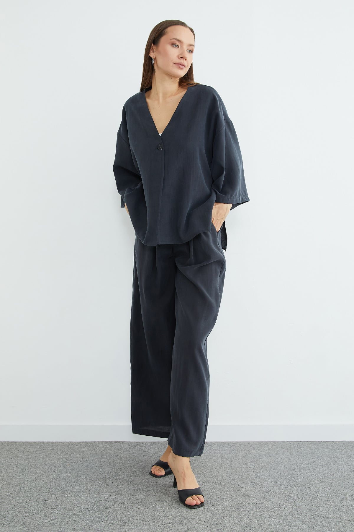 Tek Düğmeli Tencel Kumaş Oversize Ceket 4