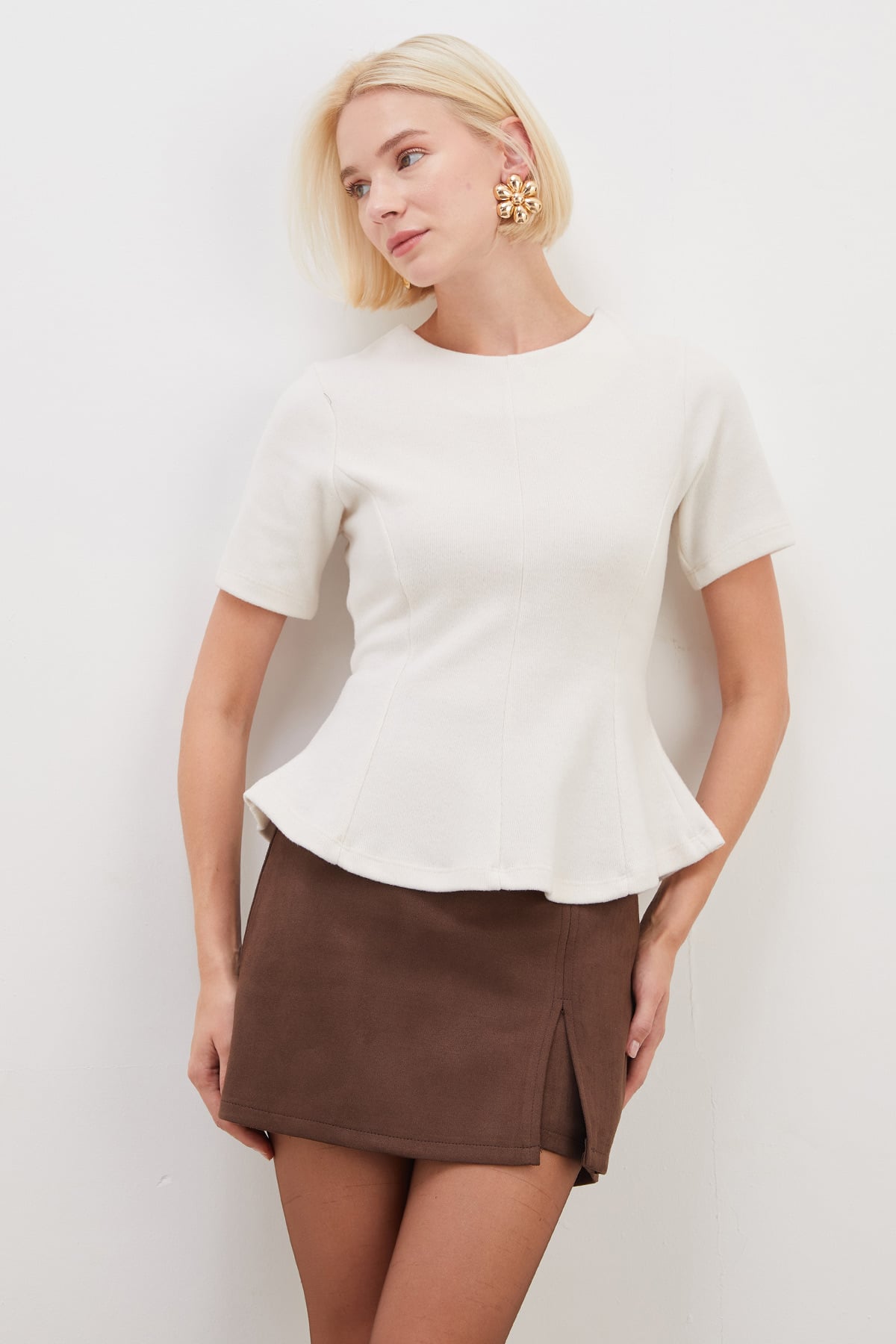 Arkası Fermuarlı Selanik Örme Peplum Bluz 4