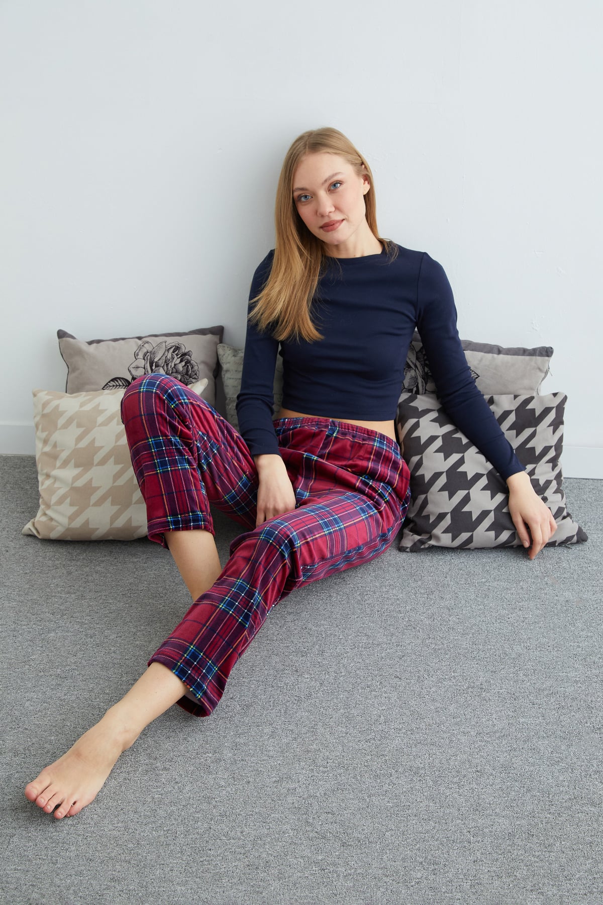 Ekose Desenli Kadife Pijama Altı