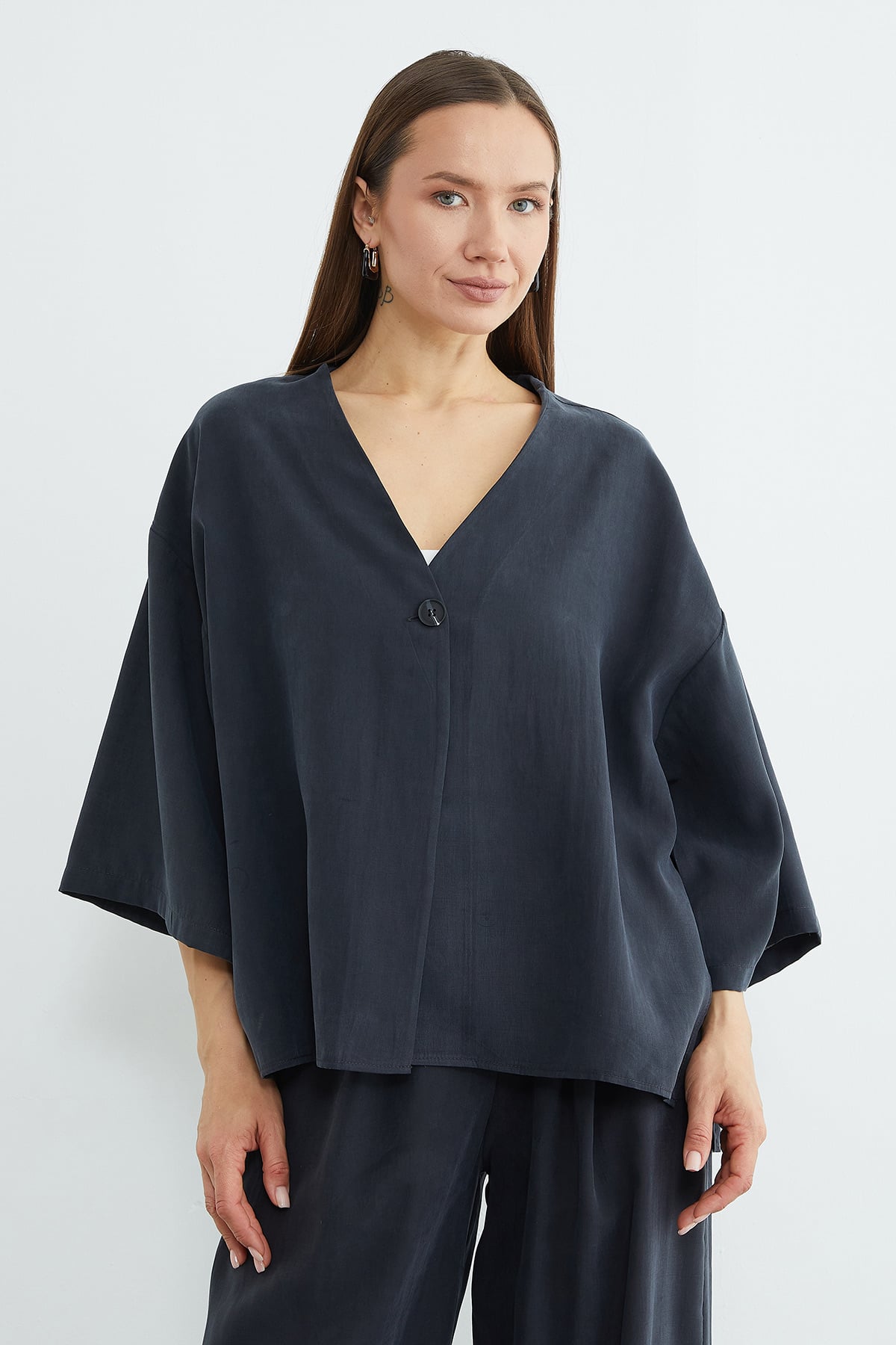 Tek Düğmeli Tencel Kumaş Oversize Ceket 2