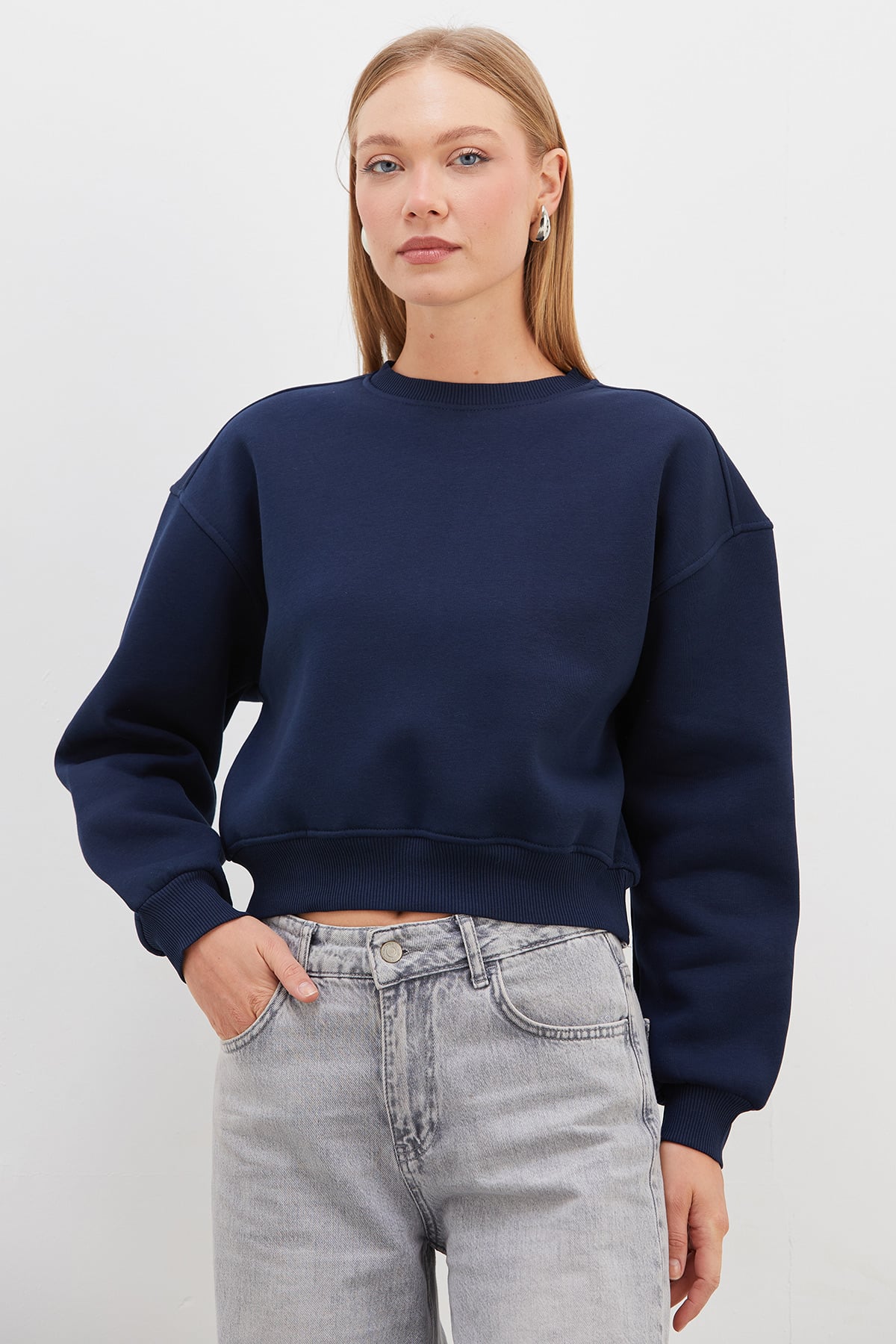 3 İplik Basic Ribanalı Crop Sweatshirt 6