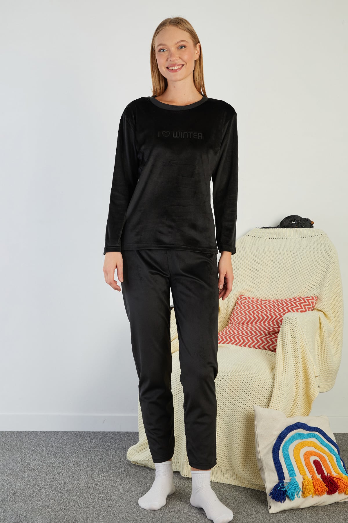 I Love Winter Kabartma Baskılı Kadife Pijama Takımı 3