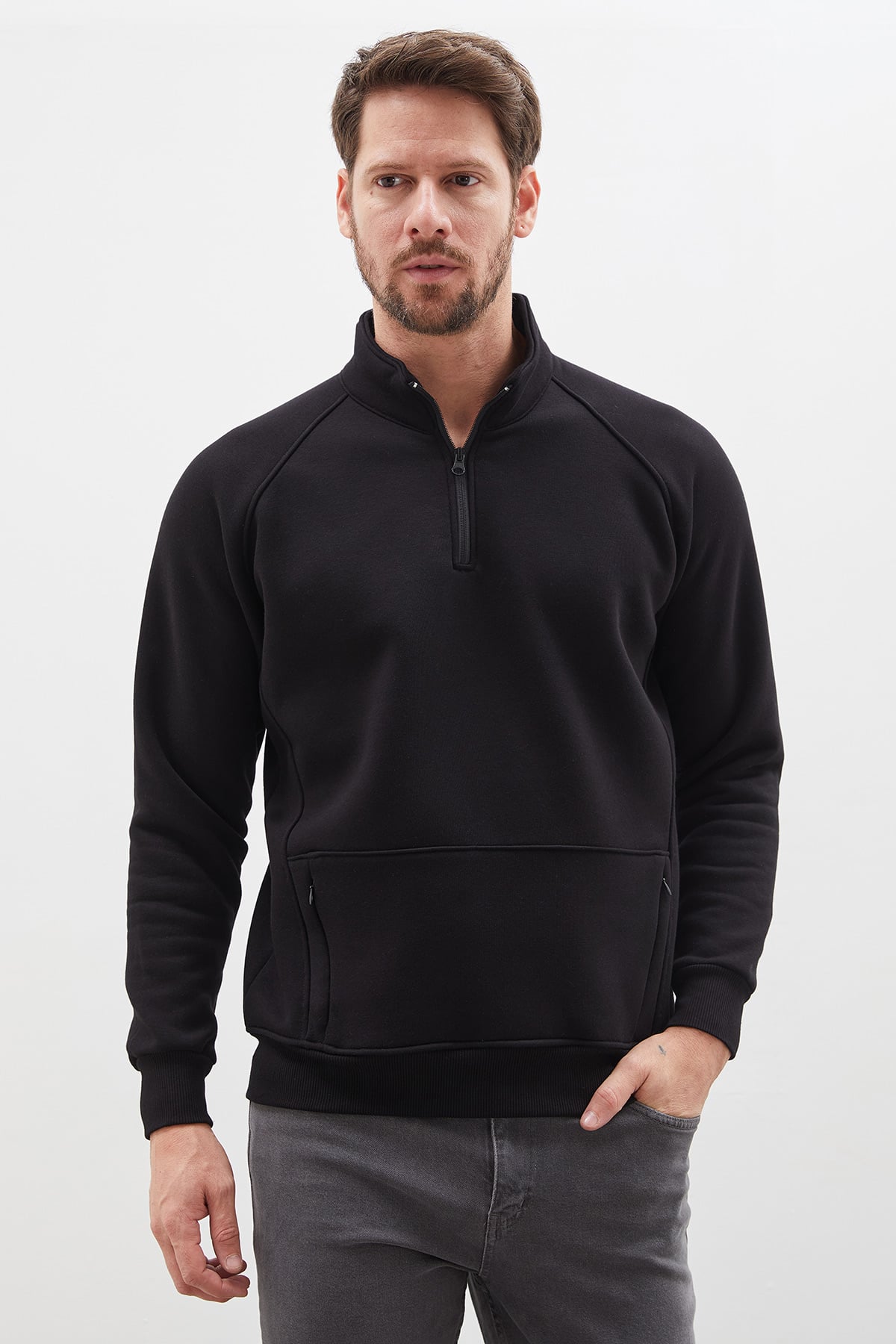 3 İplik Yarım Fermuarlı Dik Yaka Kanguru Cepli Sweatshirt 6