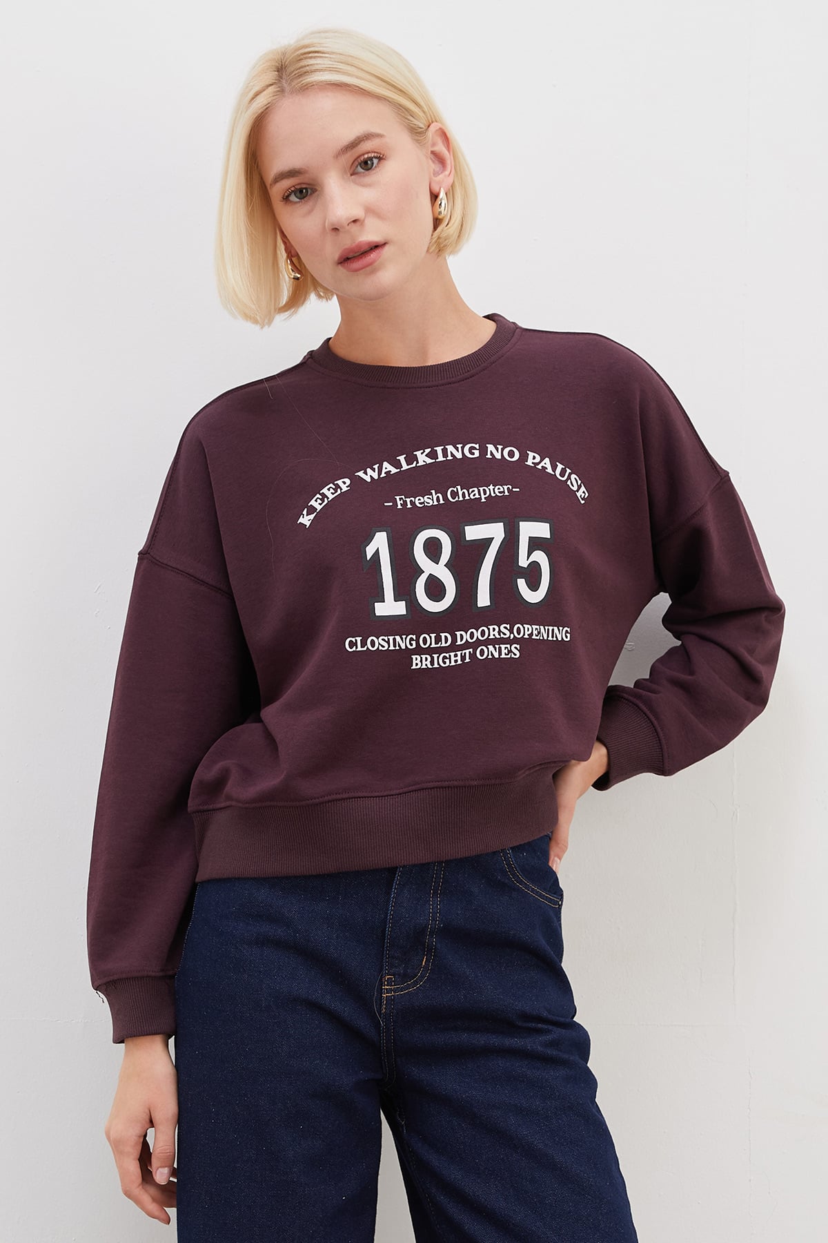 3 İplik Şardonsuz 1875 Baskılı Oversize Sweatshirt 5