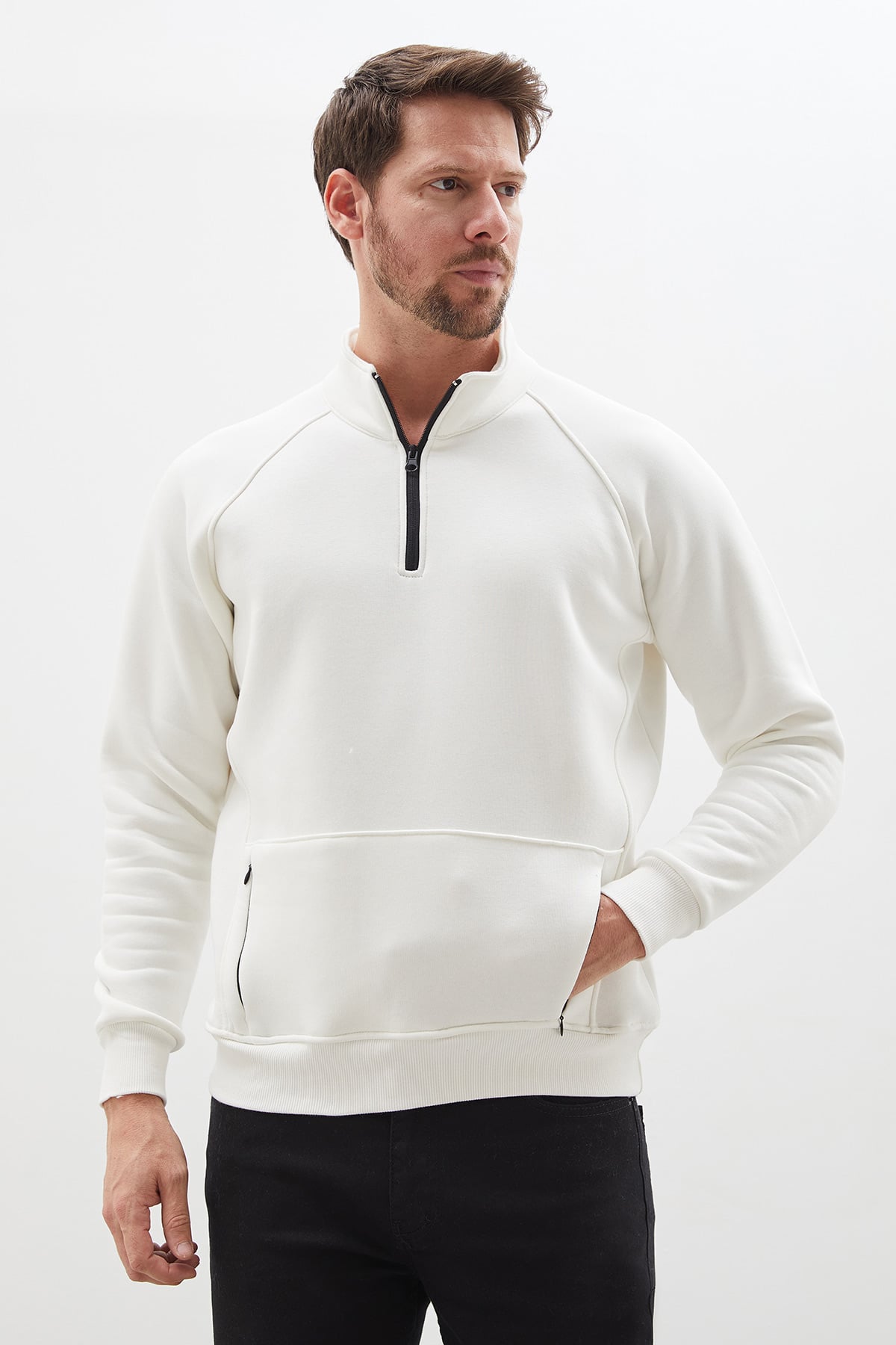 Erkek Antrasit 3 İplik Yarım Fermuarlı Dik Yaka Kanguru Cepli Sweatshirt 5