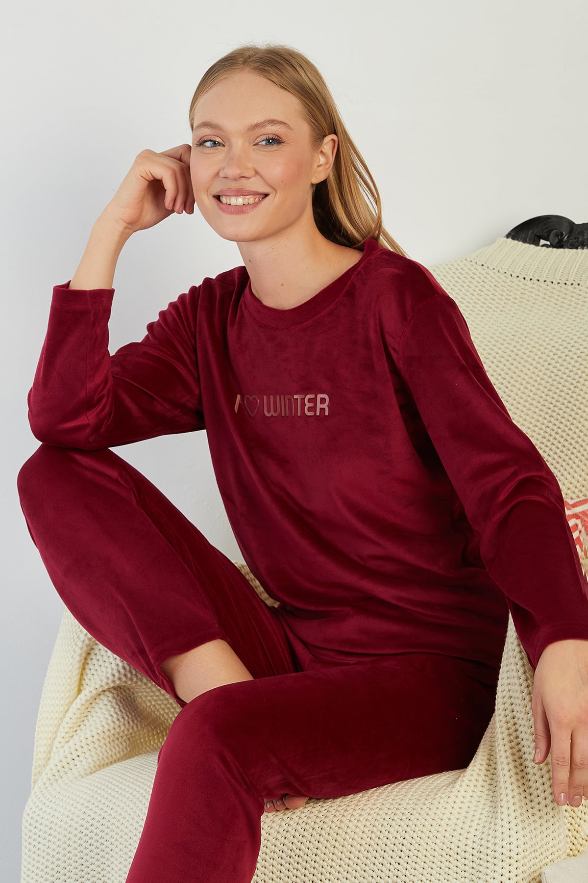 I Love Winter Kabartma Baskılı Kadife Pijama Takımı 2