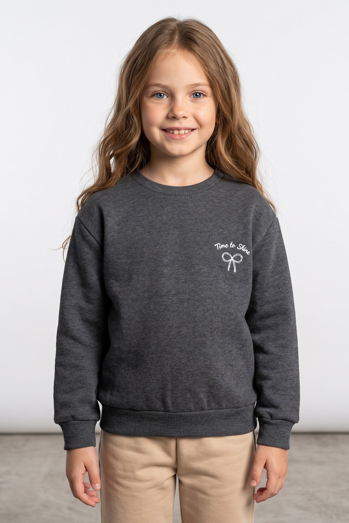 Çocuk Kız Pembe Fiyonk Nakışlı Bisiklet Yaka Sweatshirt 2