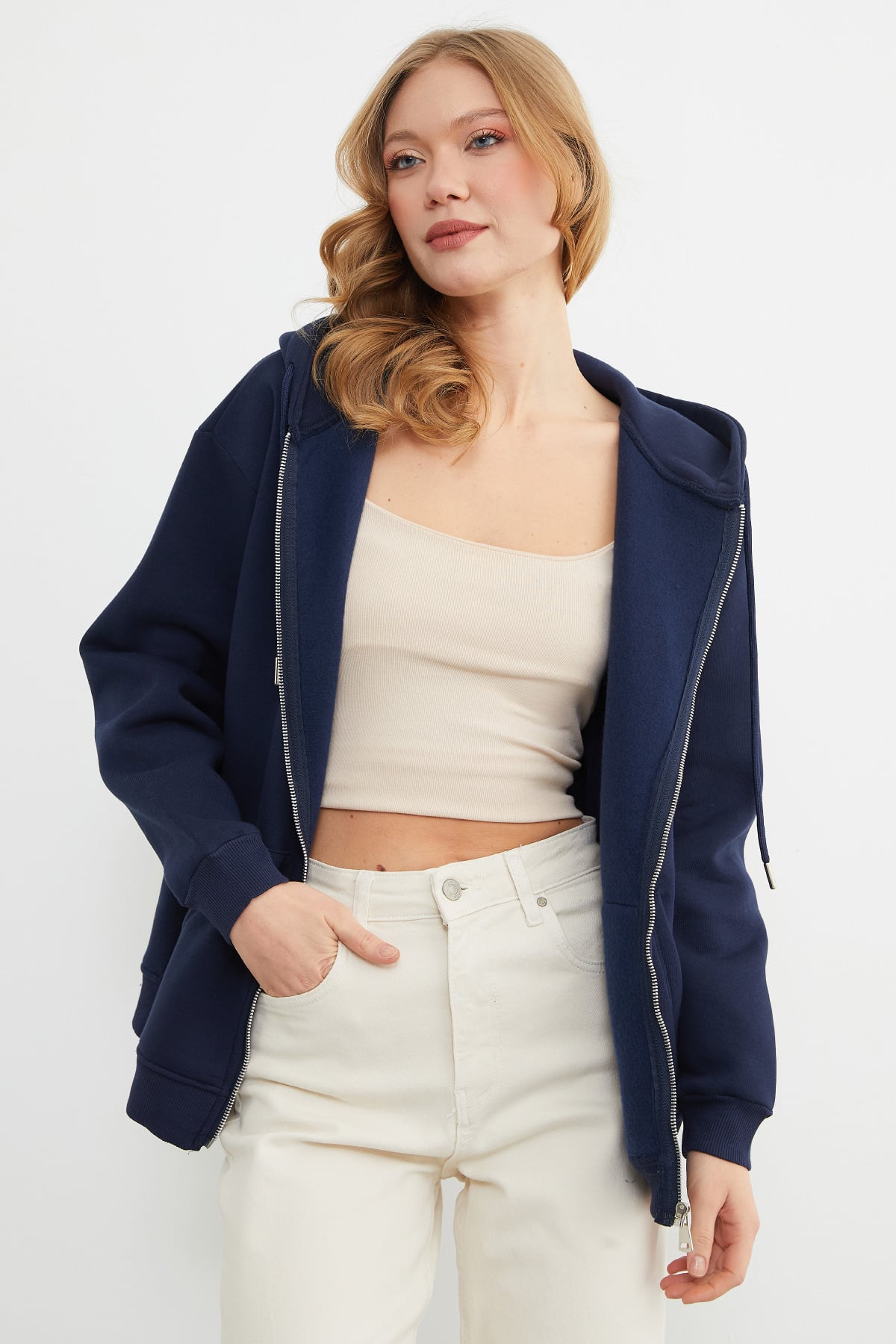Basic Fermuarlı Kapüşonlu Oversize Sweatshirt 5