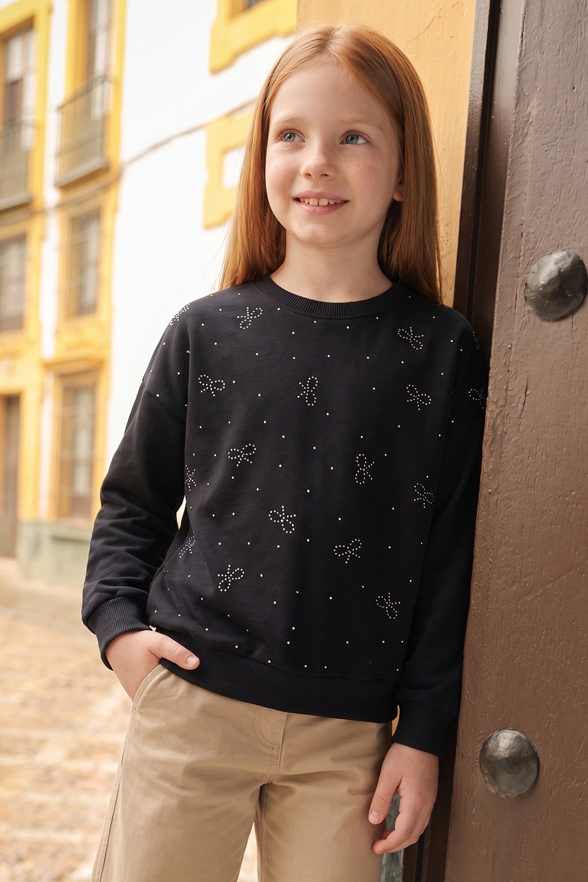 Taşlı Fiyonk Desenli Bisiklet Yaka Salaş Kız Çocuk Sweatshirt