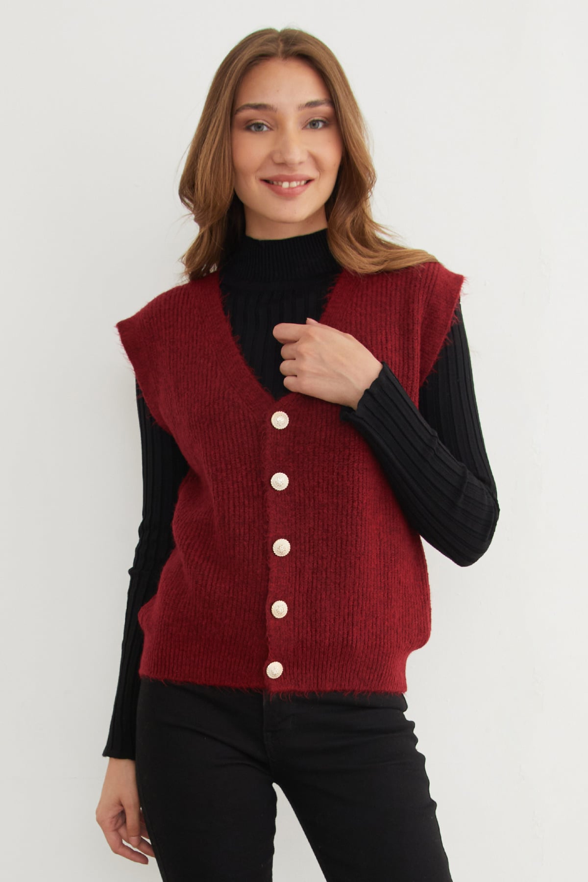 Sakallı Düğmeli V Yaka Oversize Yelek 12