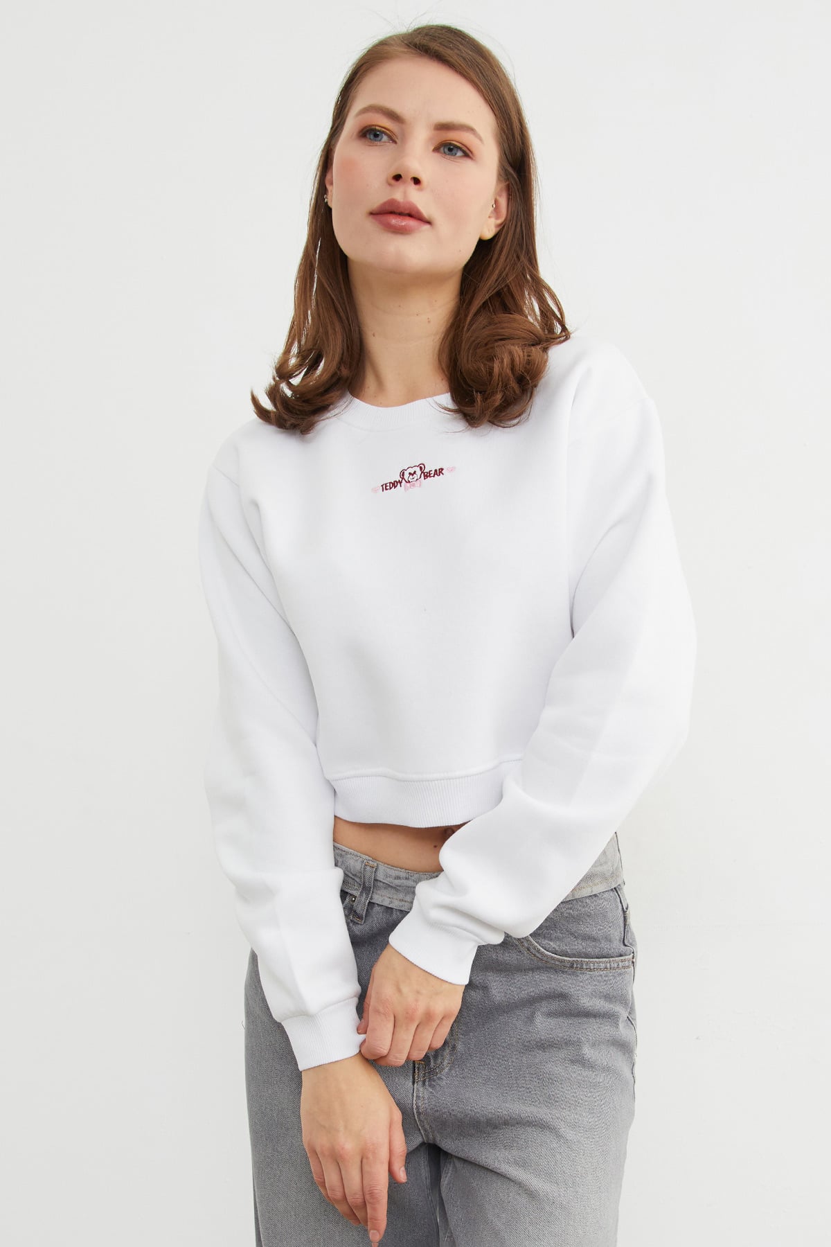 3 İplik Ayıcık Nakışlı Crop Sweatshirt 2