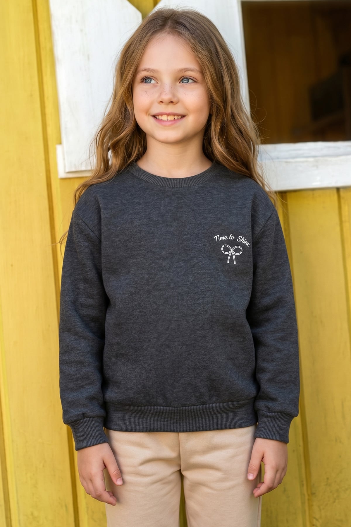 Çocuk Kız Pembe Fiyonk Nakışlı Bisiklet Yaka Sweatshirt