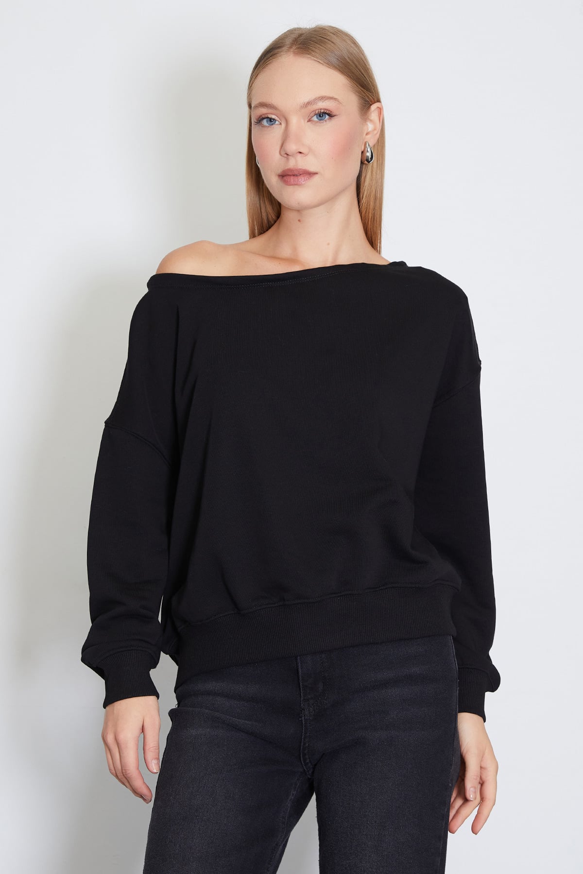 3 İplik Şardonsuz Kayık Yaka Oversize Sweatshirt