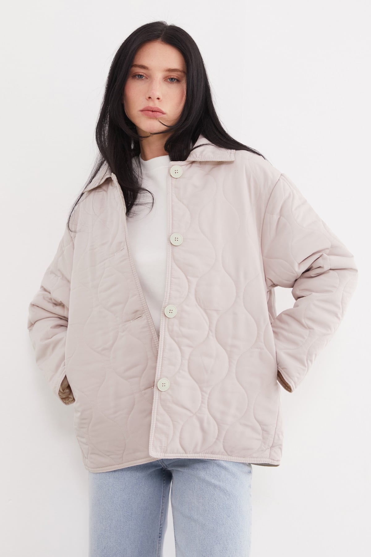 Su Yolu Desenli Oversize Düğmeli Mont 4