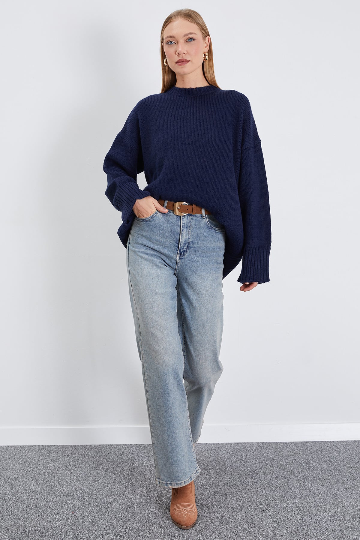 Basic Bisiklet Yaka Oversize Triko Kazak 4
