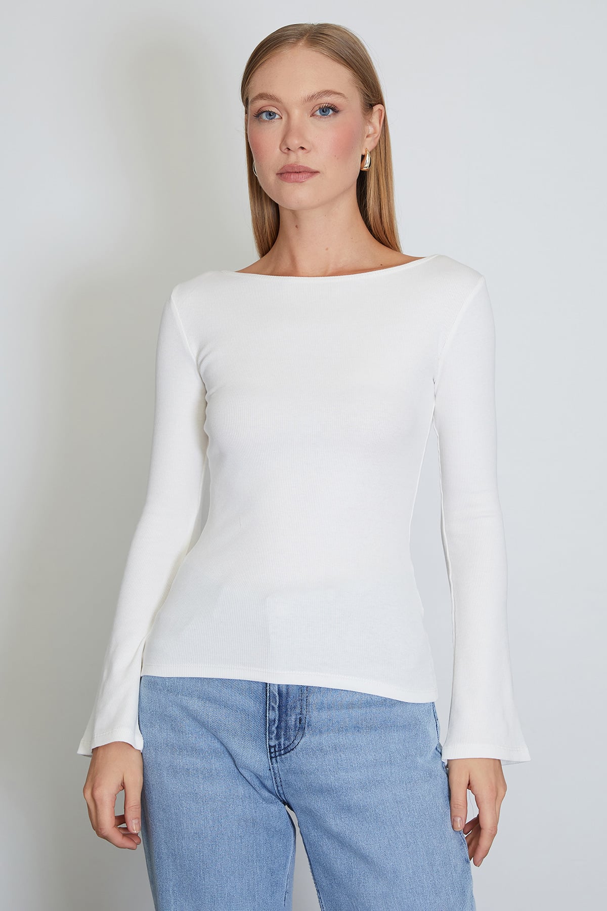 Fitilli Kayık Yaka Flare Kol Slim Fit Bluz 7