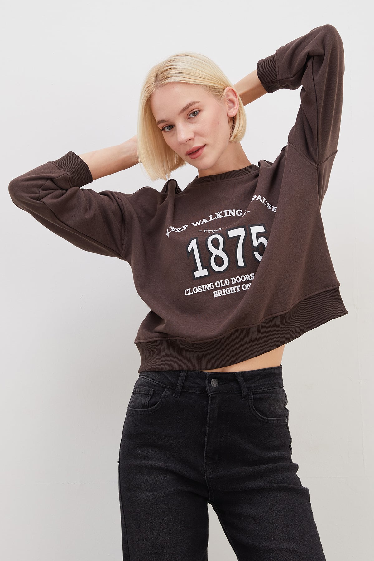 3 İplik Şardonsuz 1875 Baskılı Oversize Sweatshirt 2