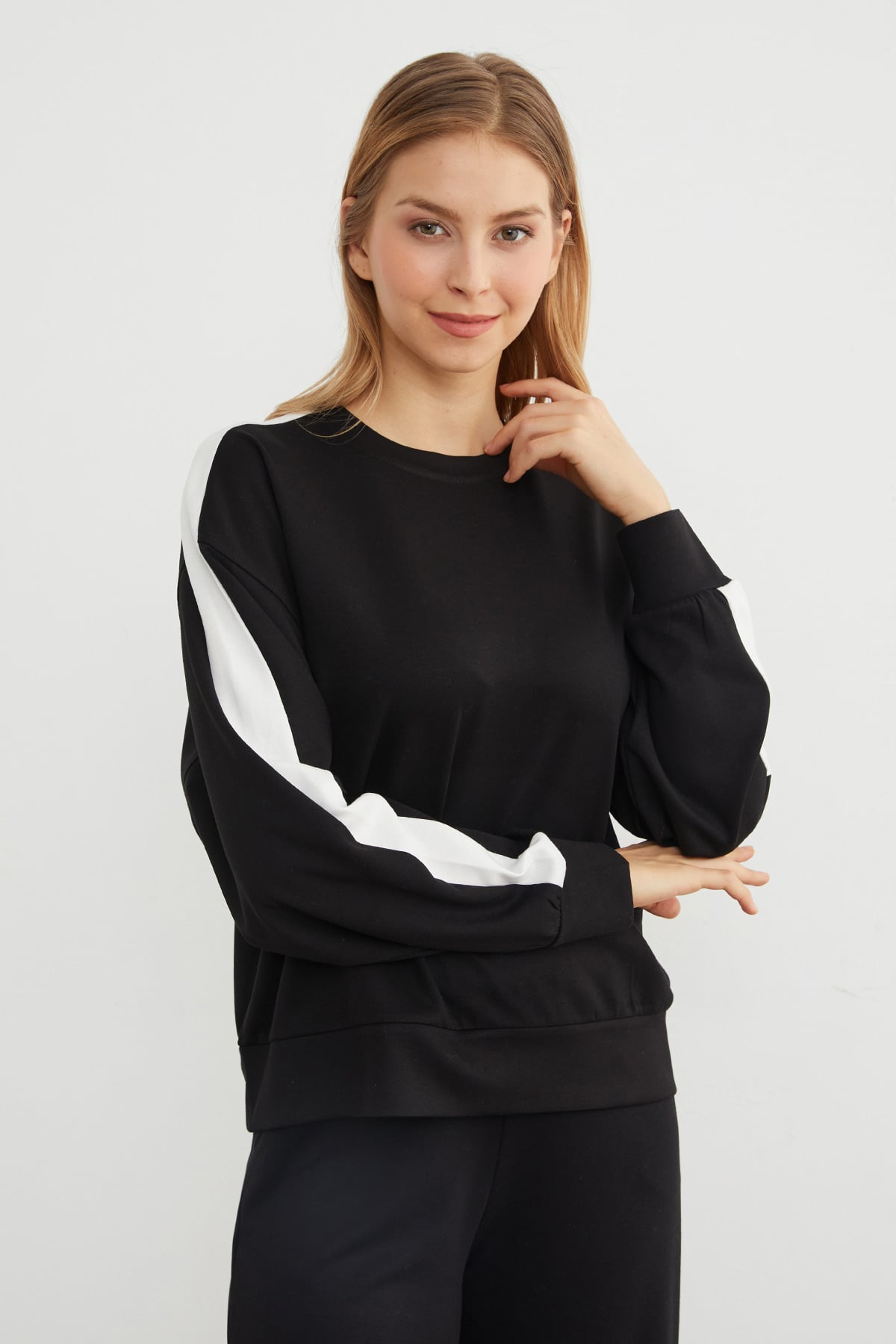 Kolu Şeritli Bisiklet Yaka Modal Sweatshirt 6