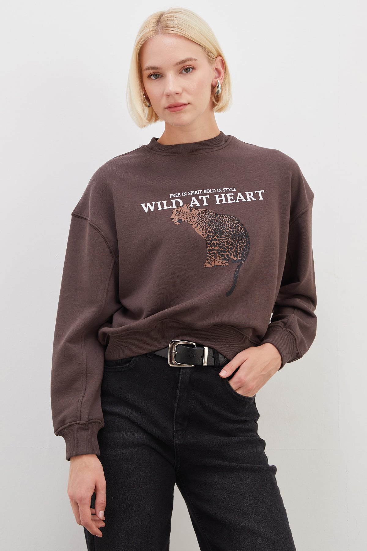 3 İplik Şardonsuz Kaplan Baskılı  Oversize Sweatshirt