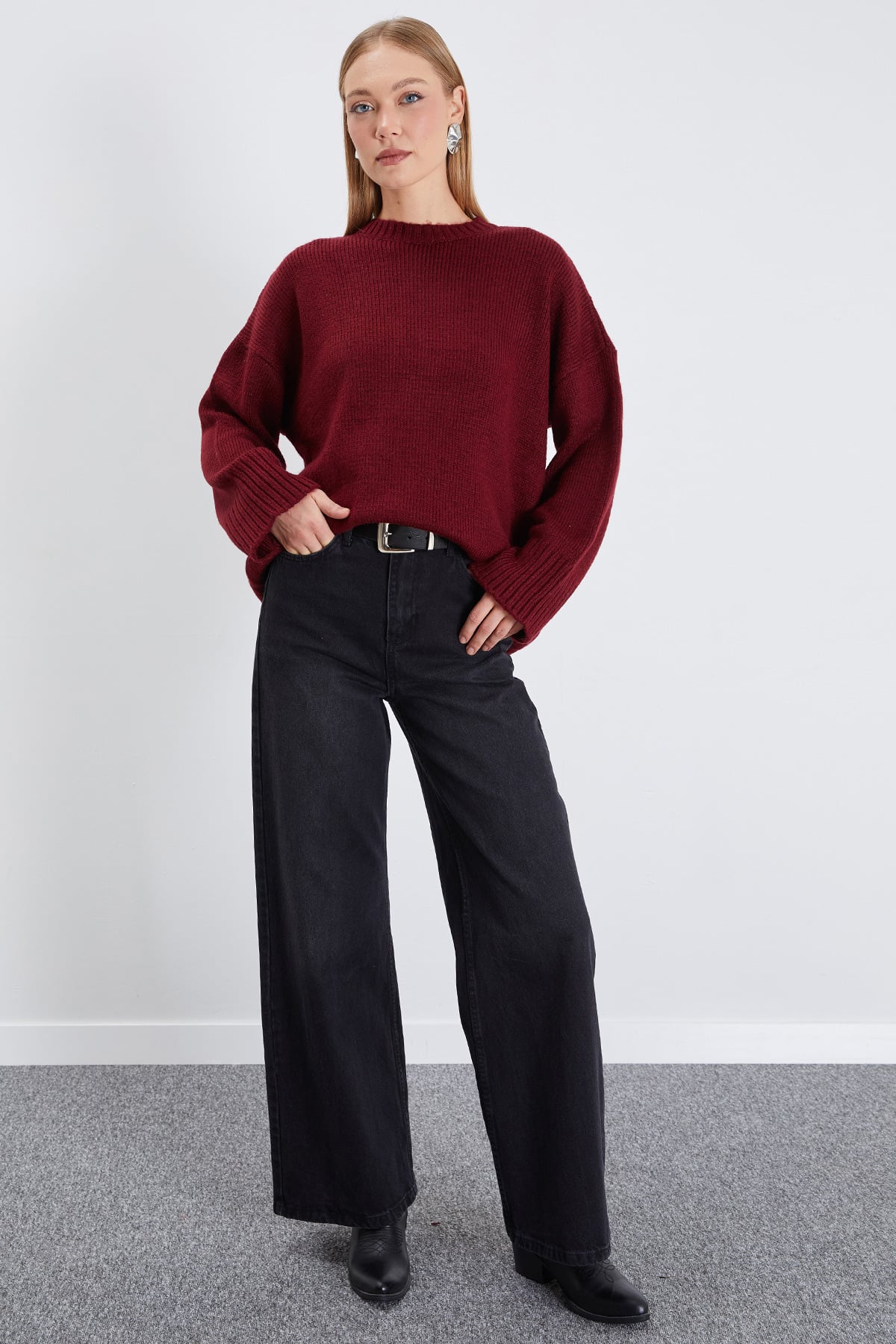 Basic Bisiklet Yaka Oversize Triko Kazak 4