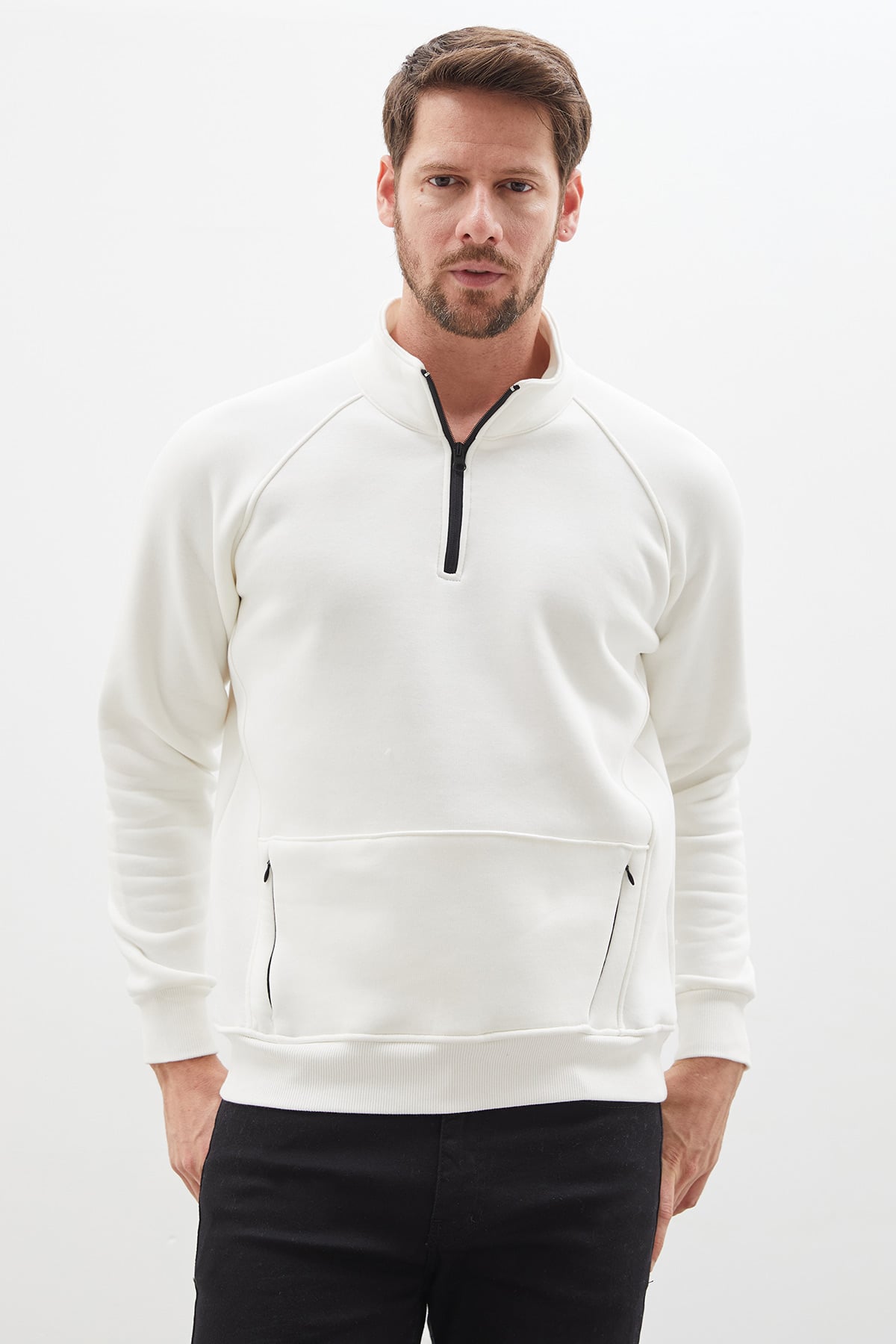 Erkek Antrasit 3 İplik Yarım Fermuarlı Dik Yaka Kanguru Cepli Sweatshirt 2