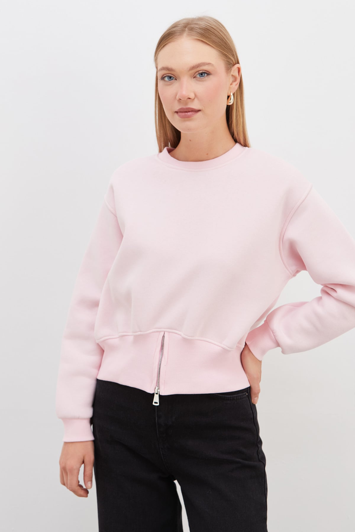 3 İplik Eteği Fermuarlı Bisiklet Yaka Crop Sweatshirt 4