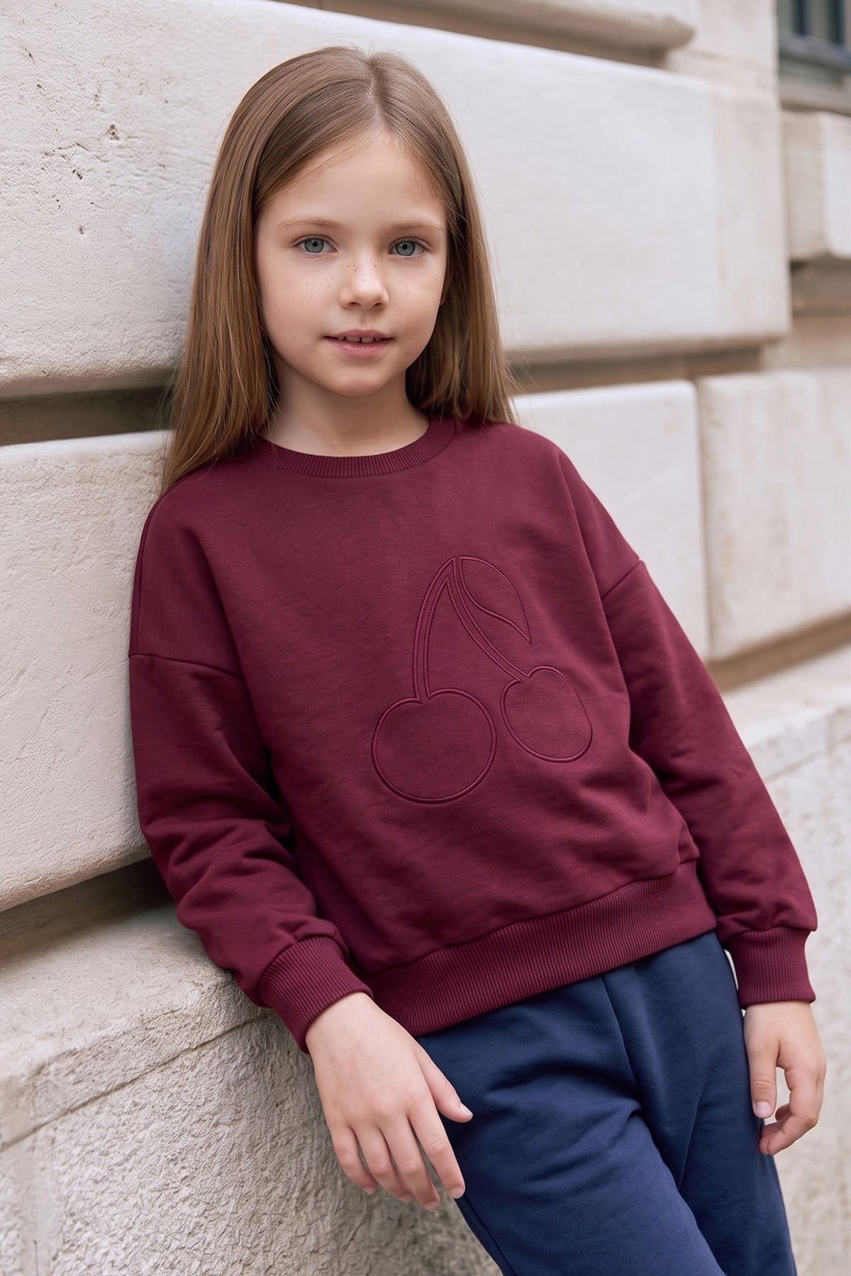 Kiraz Nakışlı Bisiklet Yaka Kız Çocuk Sweatshirt