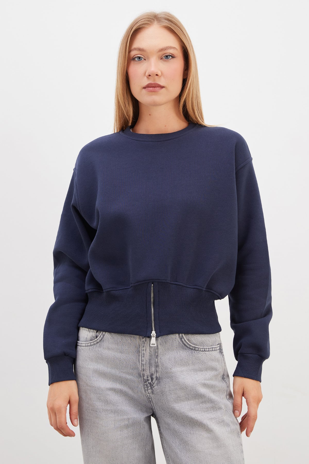 3 İplik Eteği Fermuarlı Bisiklet Yaka Crop Sweatshirt 2