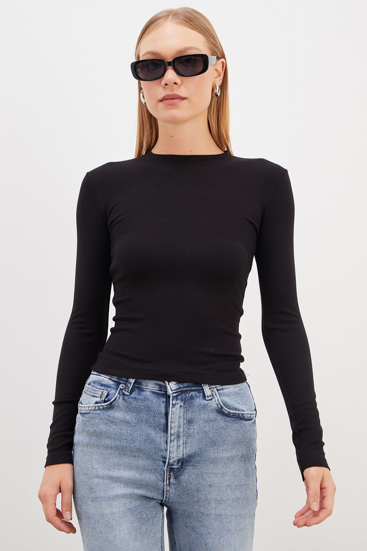 Basic Bisiklet Yaka Slim Fit Crop Bluz 2