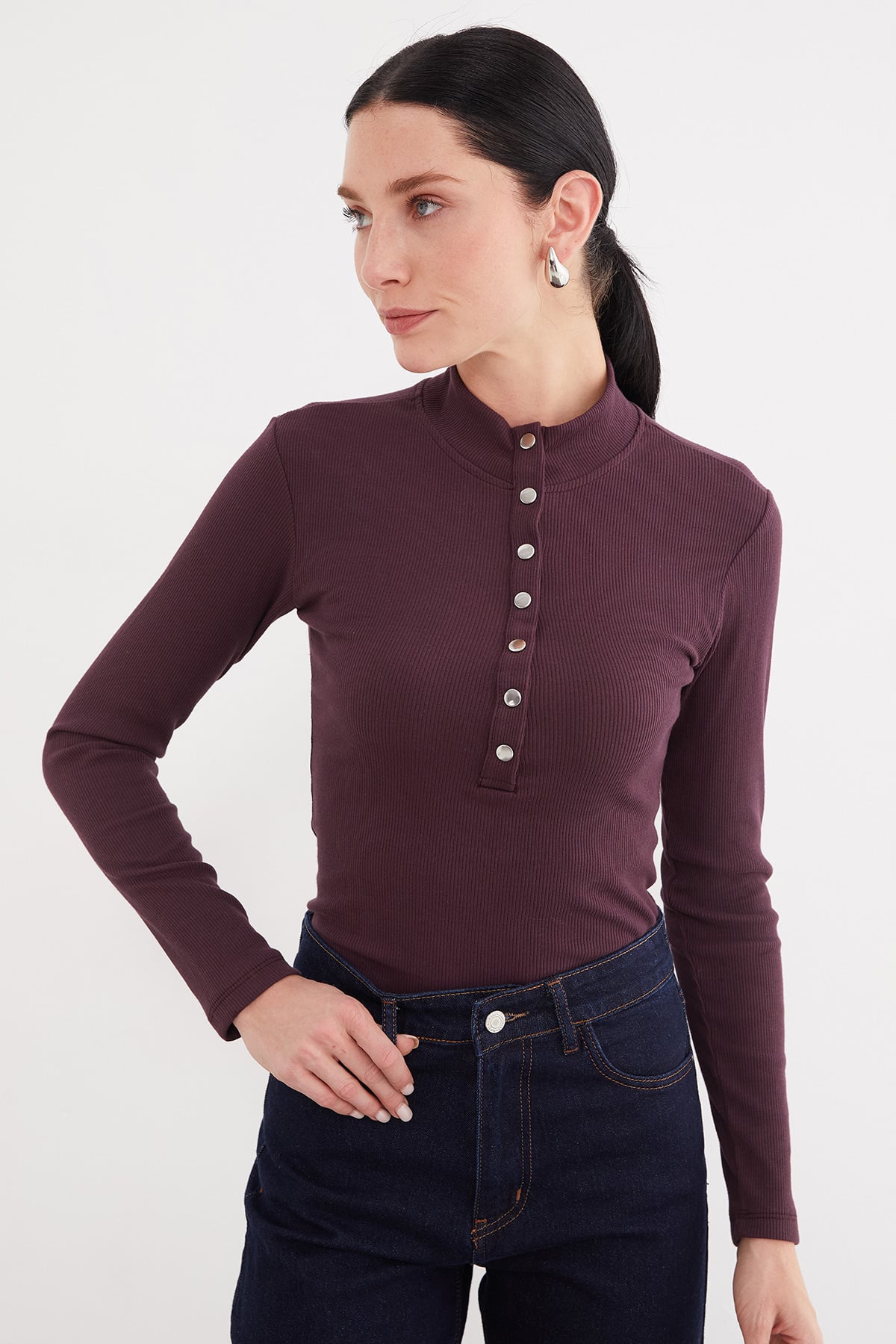 Kadın Fitilli Yarım Çıtçıtlı Dik Yaka Slim Fit Bluz 2