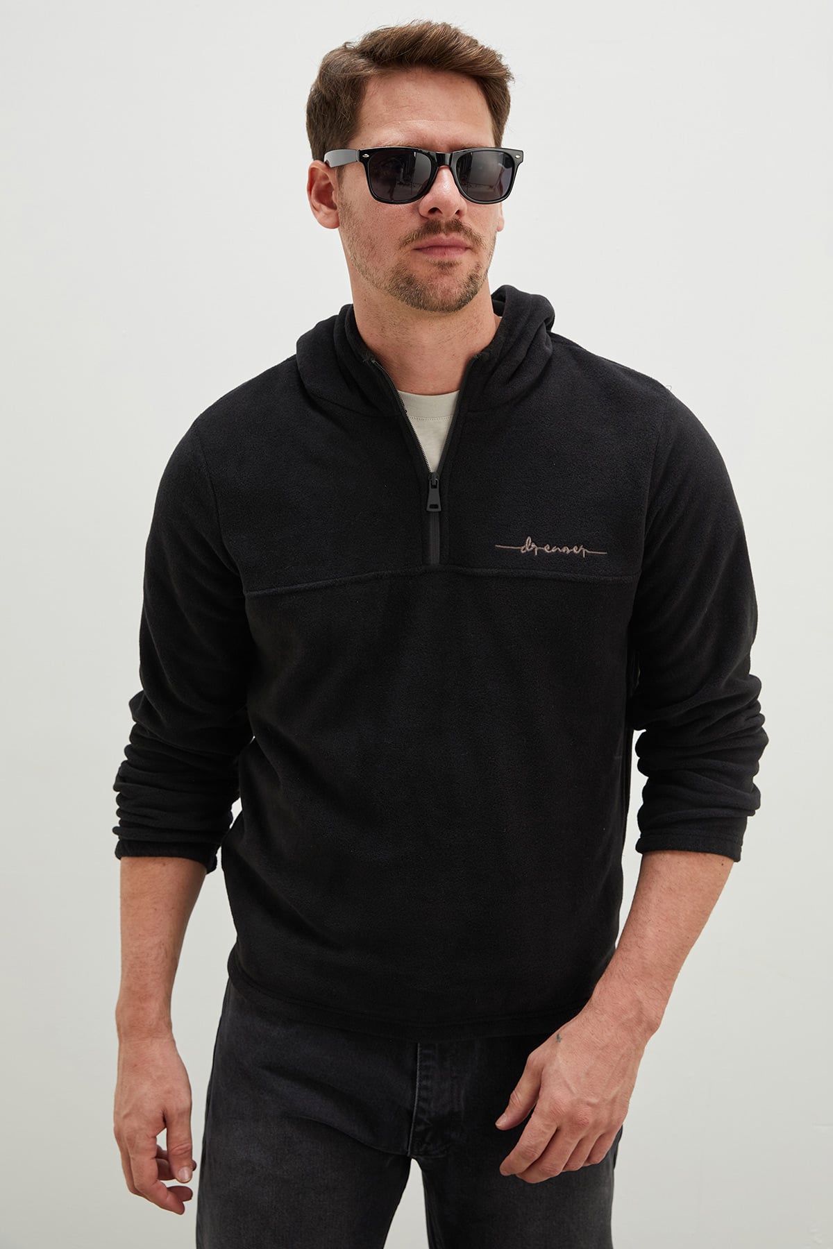 Yarım Fermuarlı Kapüşonlu Polar Sweatshirt