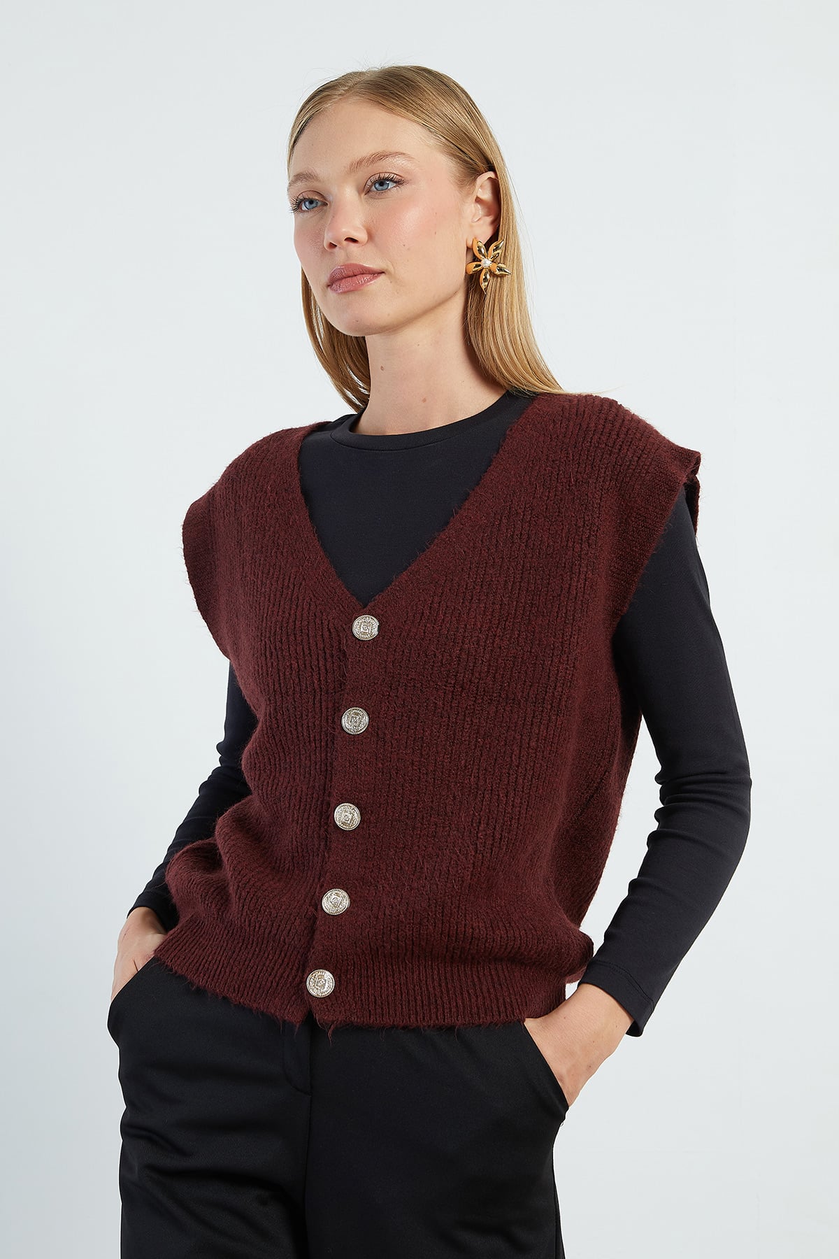 Sakallı Düğmeli V Yaka Oversize Yelek 8