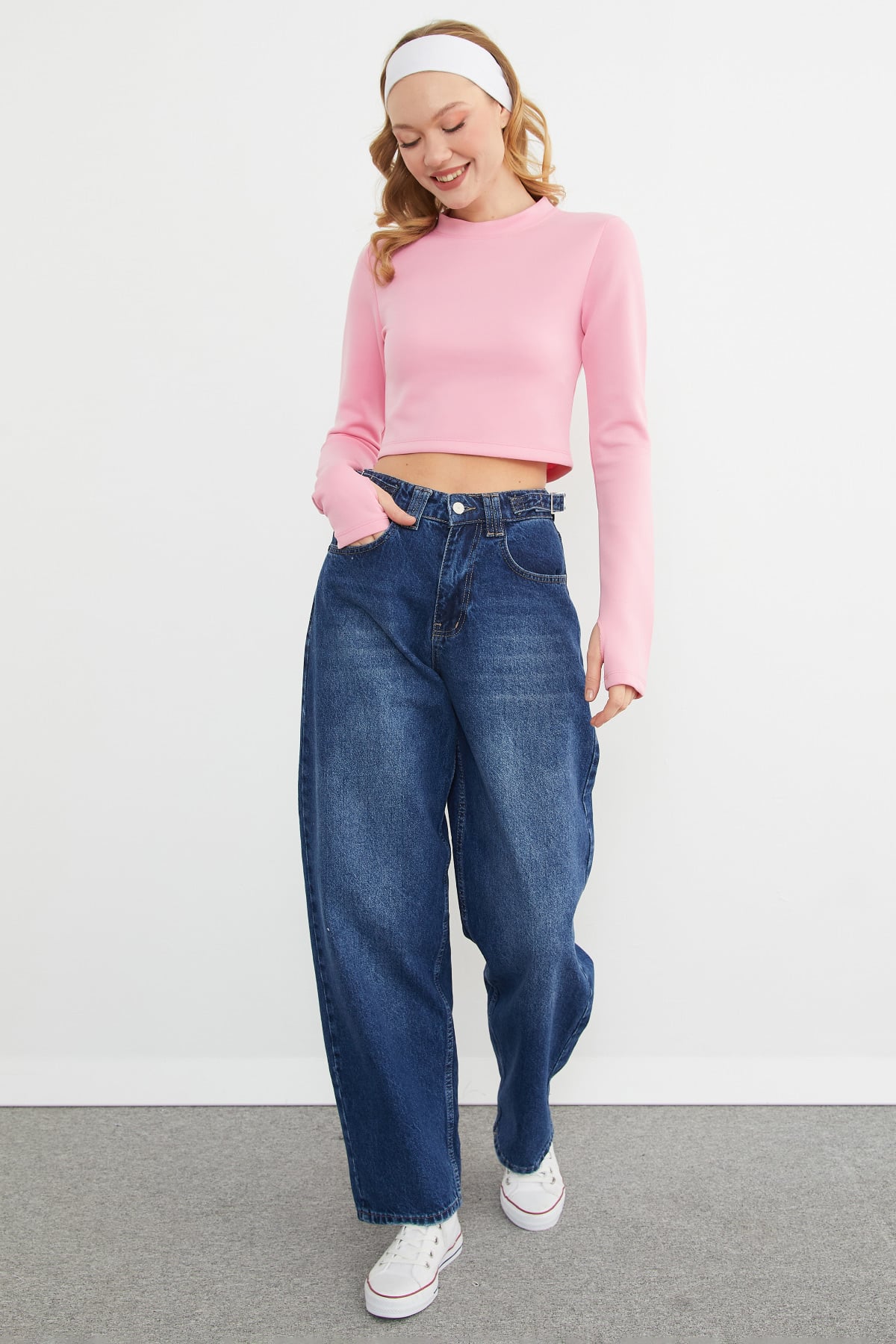 Basic Bisiklet Yaka Parmak Geçmeli Crop Bluz 4