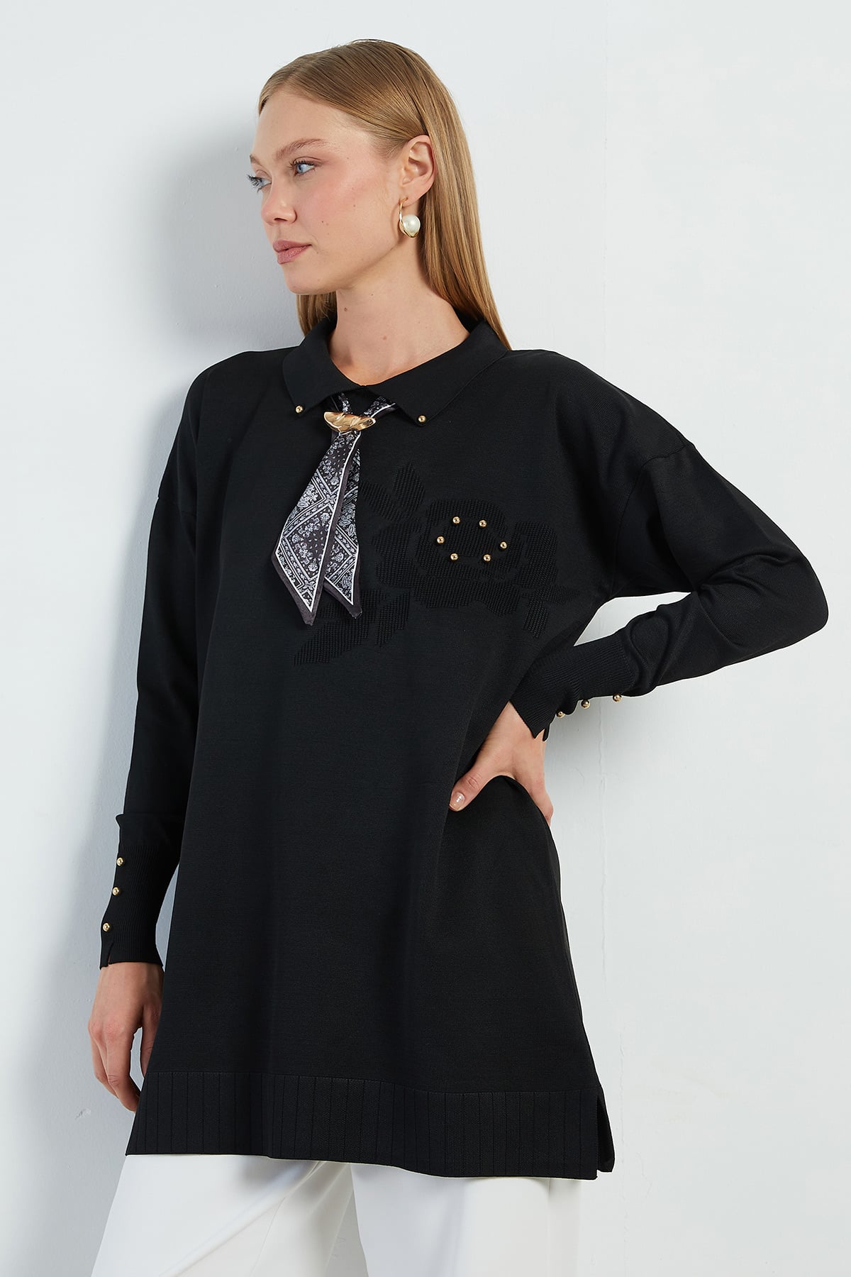 Fullamodest Fularlı Jakarlı Triko Tunik