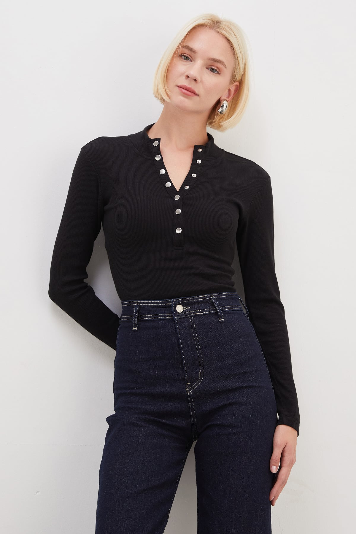 Fitilli Yarım Çıtçıtlı Dik Yaka Slim Fit Bluz 5