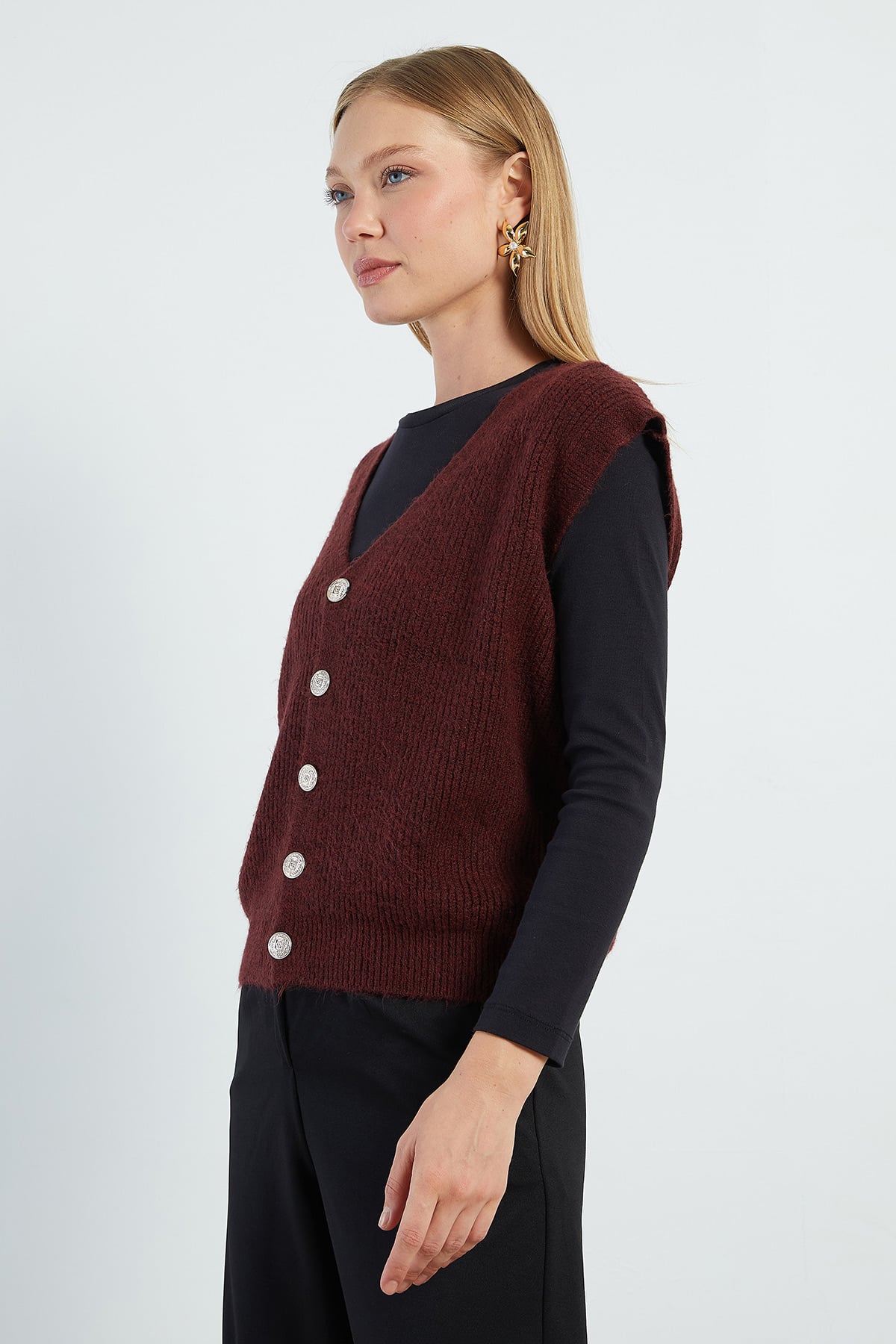 Sakallı Düğmeli V Yaka Oversize Yelek 5