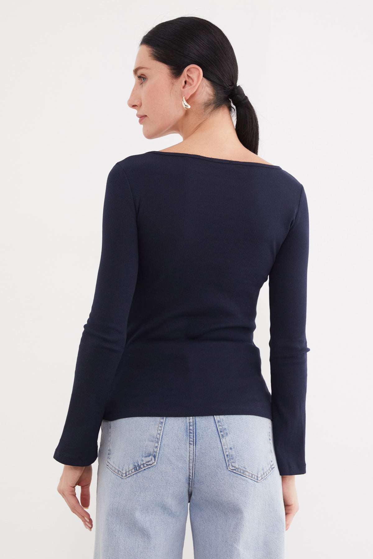 Kadın Fitilli Kayık Yaka Flare Kol Slim Fit Bluz 6