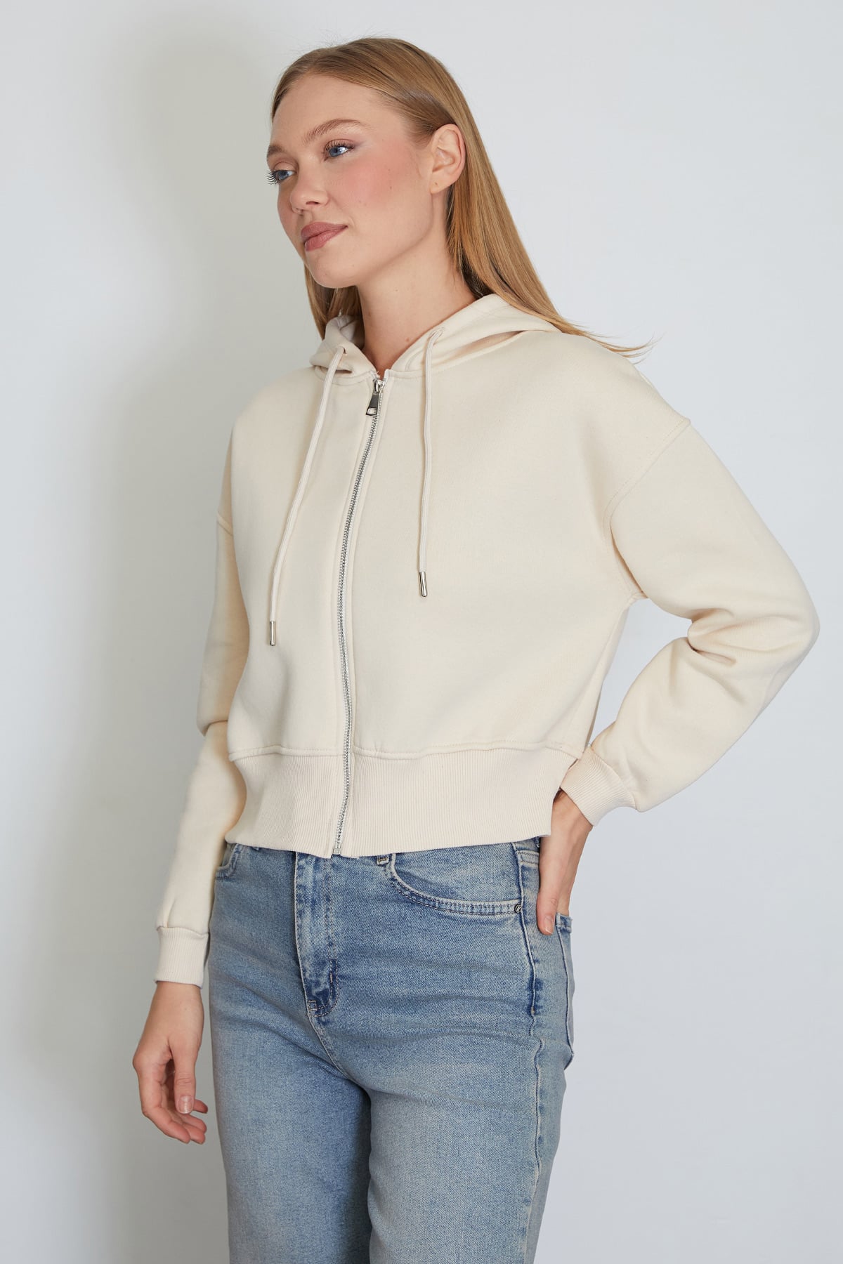 3 İplik Basic Fermuarlı Kapüşonlu Sweatshirt 7