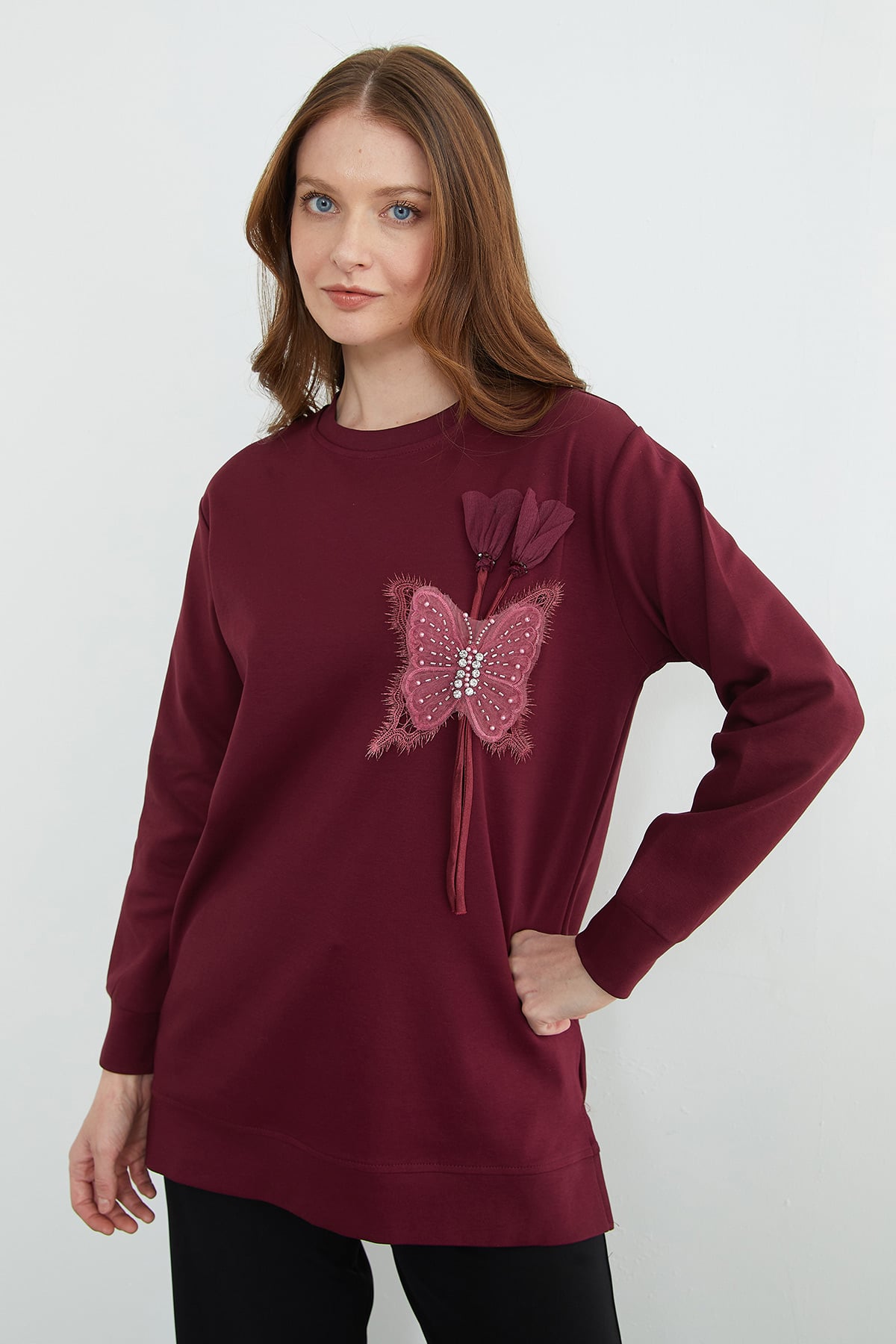 Fullamodest Kelebek Nakışlı Taşlı Bisiklet Yaka Tunik 2