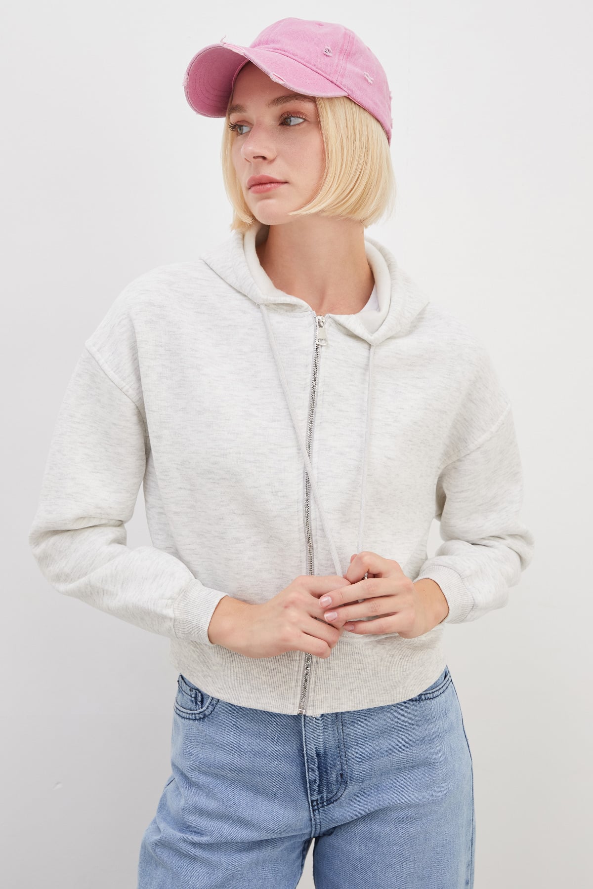 3 İplik Basic Fermuarlı Kapüşonlu Sweatshirt 7
