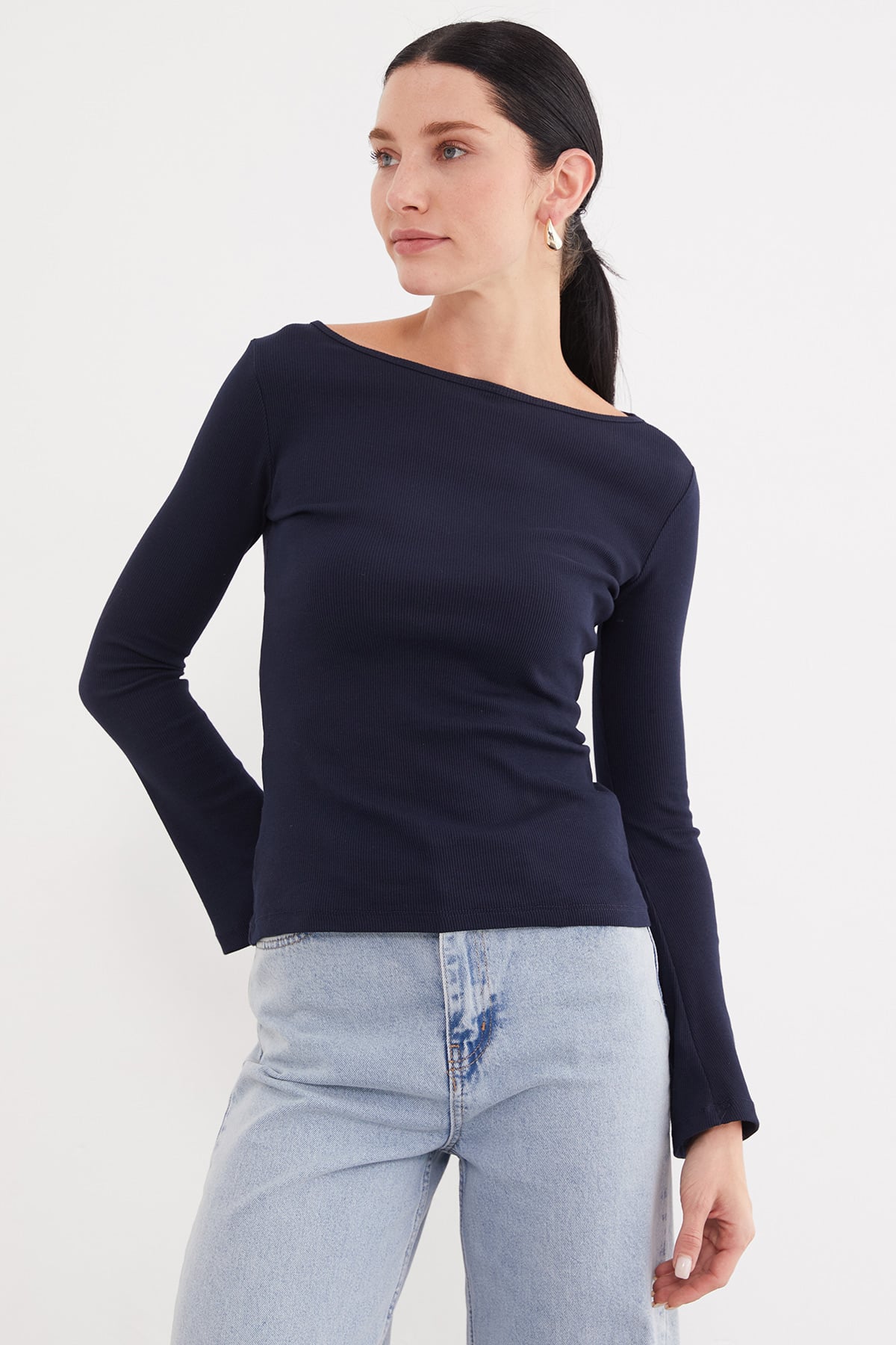 Kadın Fitilli Kayık Yaka Flare Kol Slim Fit Bluz