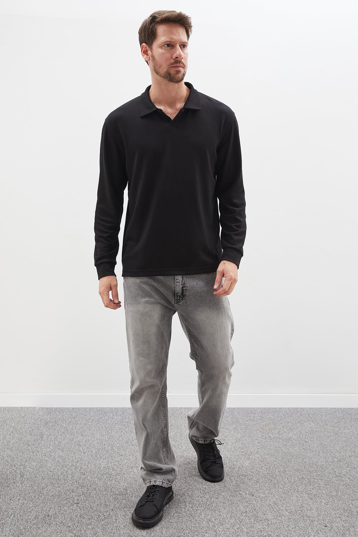 Erkek Basic Apaş Yaka Modal Sweatshirt Rahat Kalıp Günlük 4