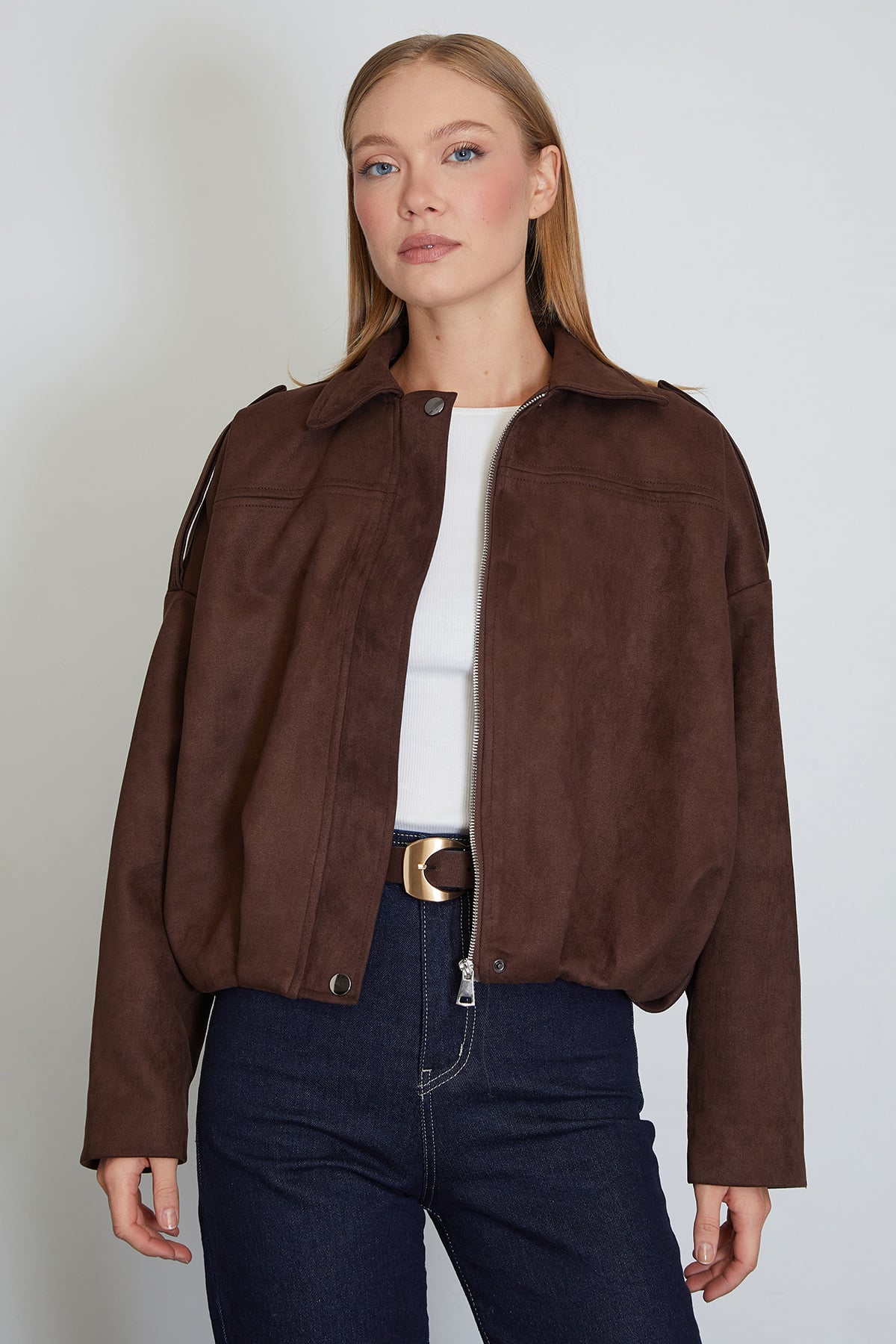 Fermuarlı Polo Yaka Süet Bomber Ceket