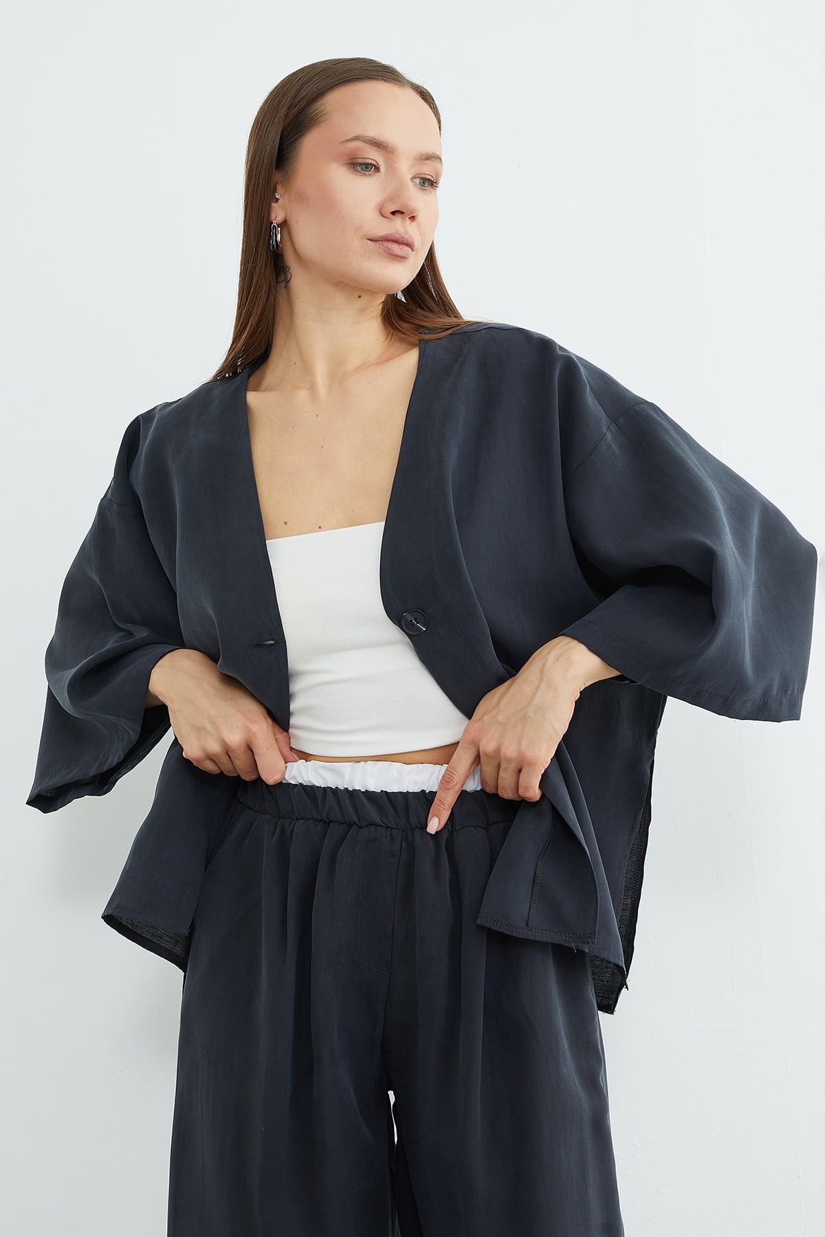 Tek Düğmeli Tencel Kumaş Oversize Ceket 6