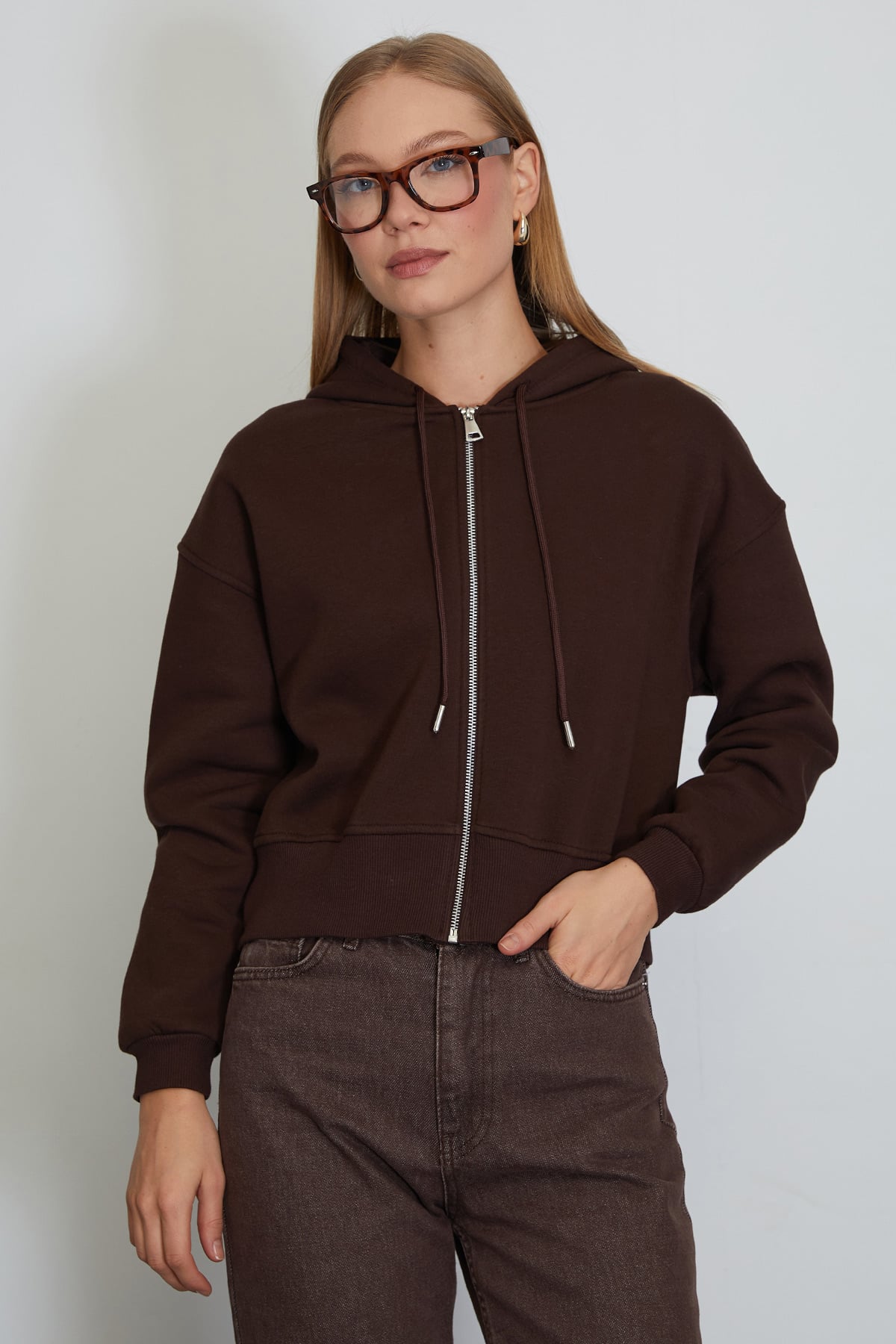 3 İplik Basic Fermuarlı Kapüşonlu Sweatshirt 6