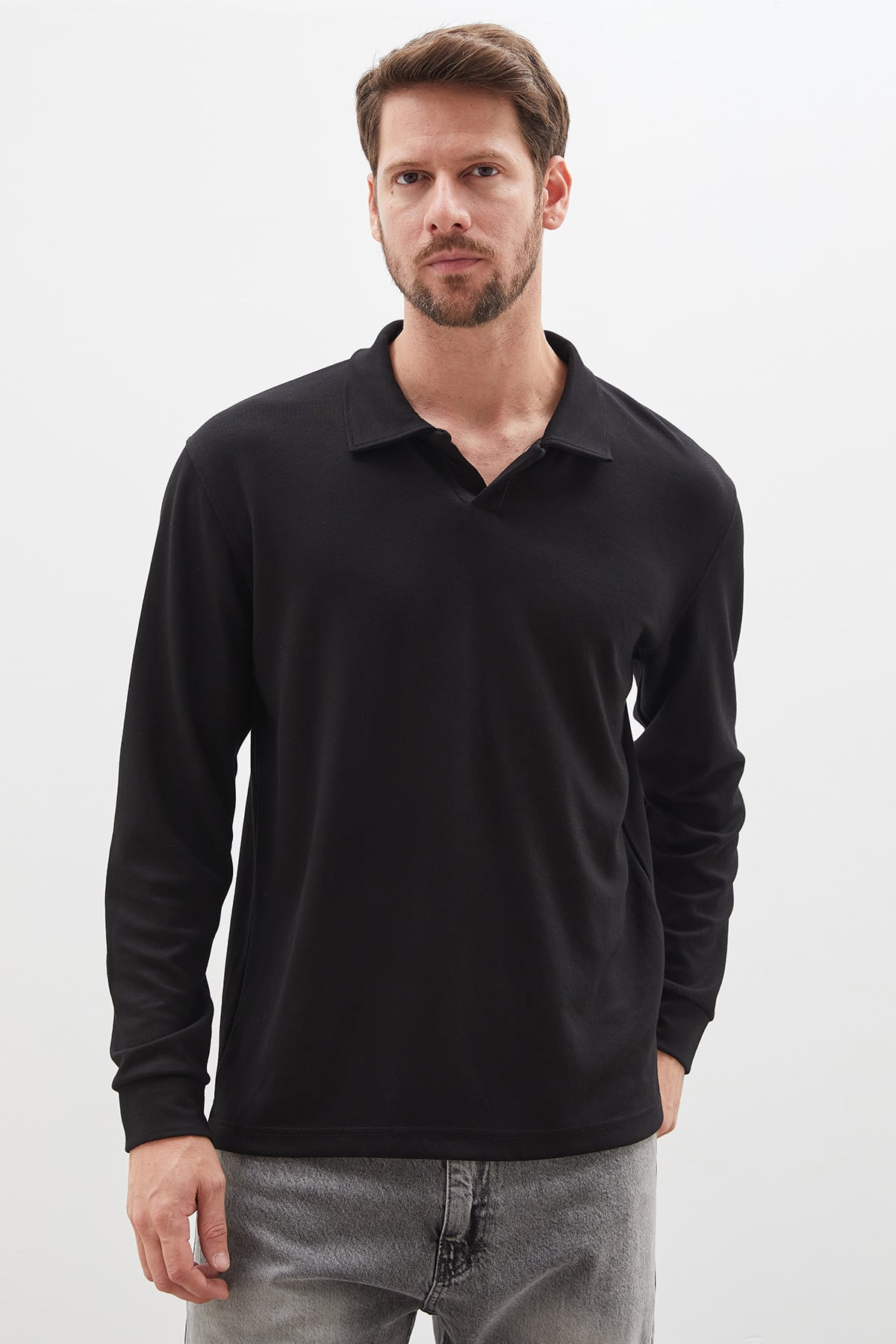 Erkek Basic Apaş Yaka Modal Sweatshirt Rahat Kalıp Günlük
