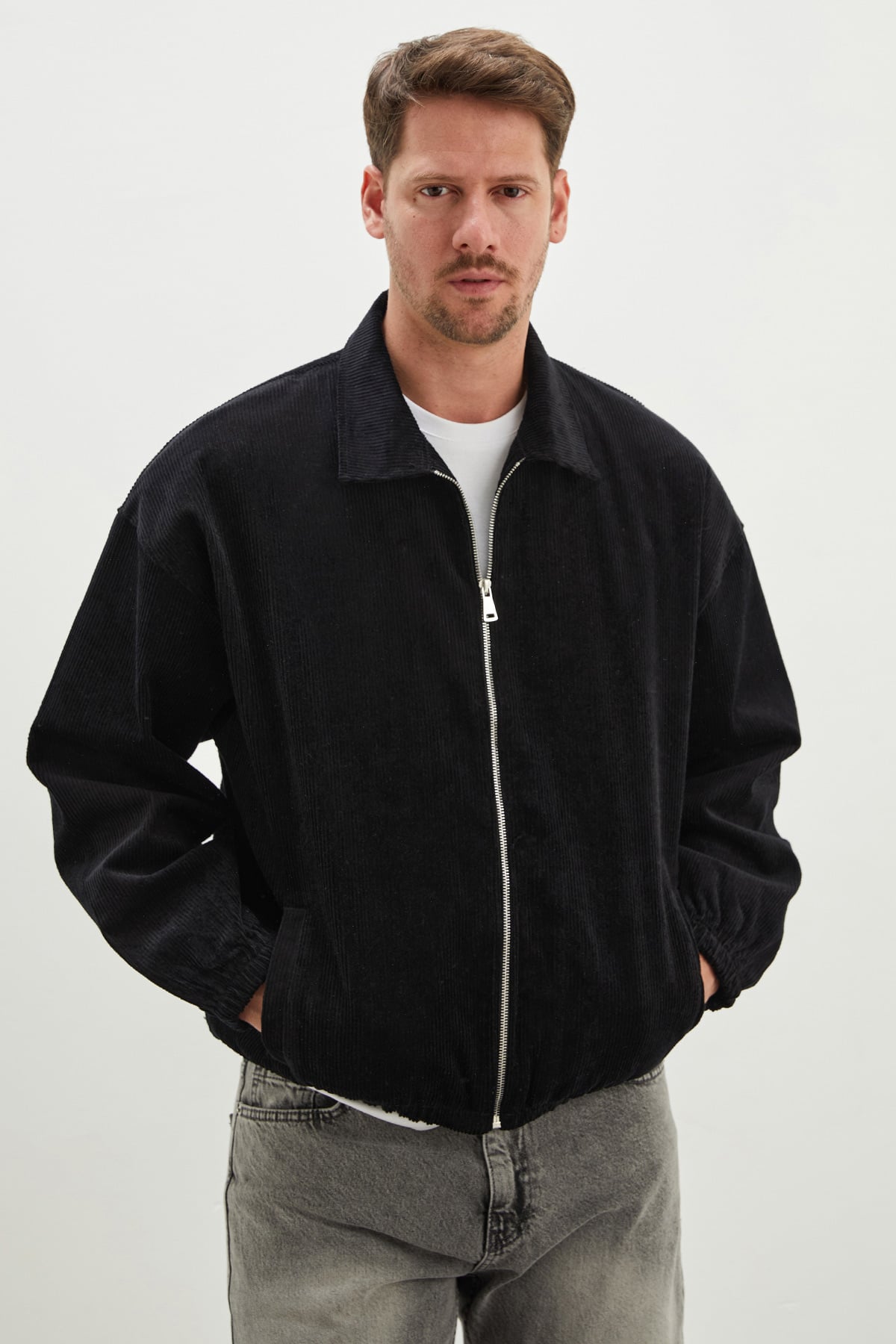 Fermuarlı Polo Yaka Kadife Bomber Ceket 7