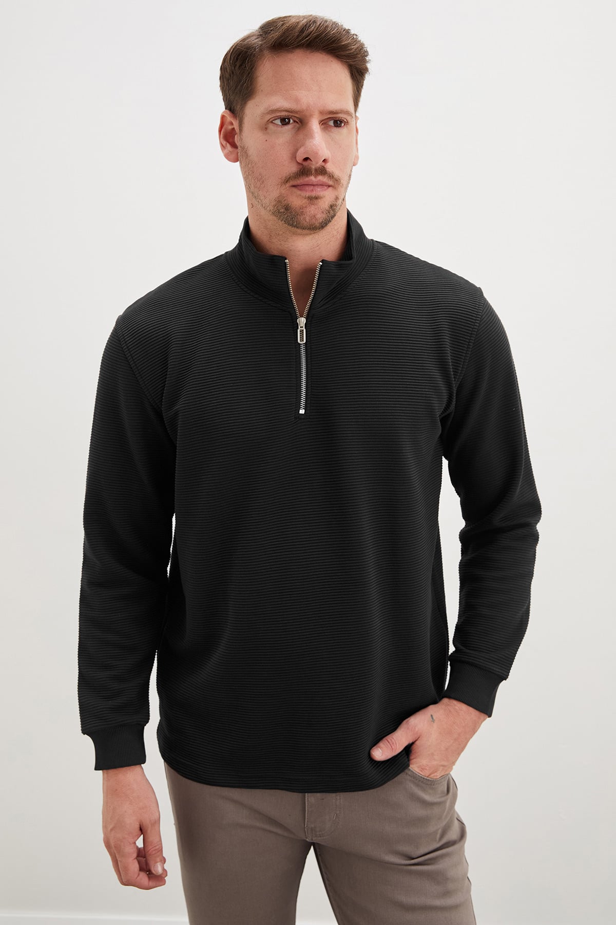 Erkek Antrasit Fitilli Yarım Fermuarlı Dik Yaka Sweatshirt
