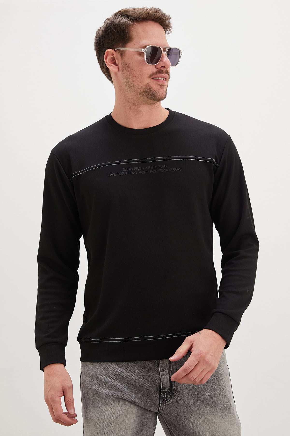 Yazı Baskılı Çimalı Bisiklet Yaka Modal Sweatshirt