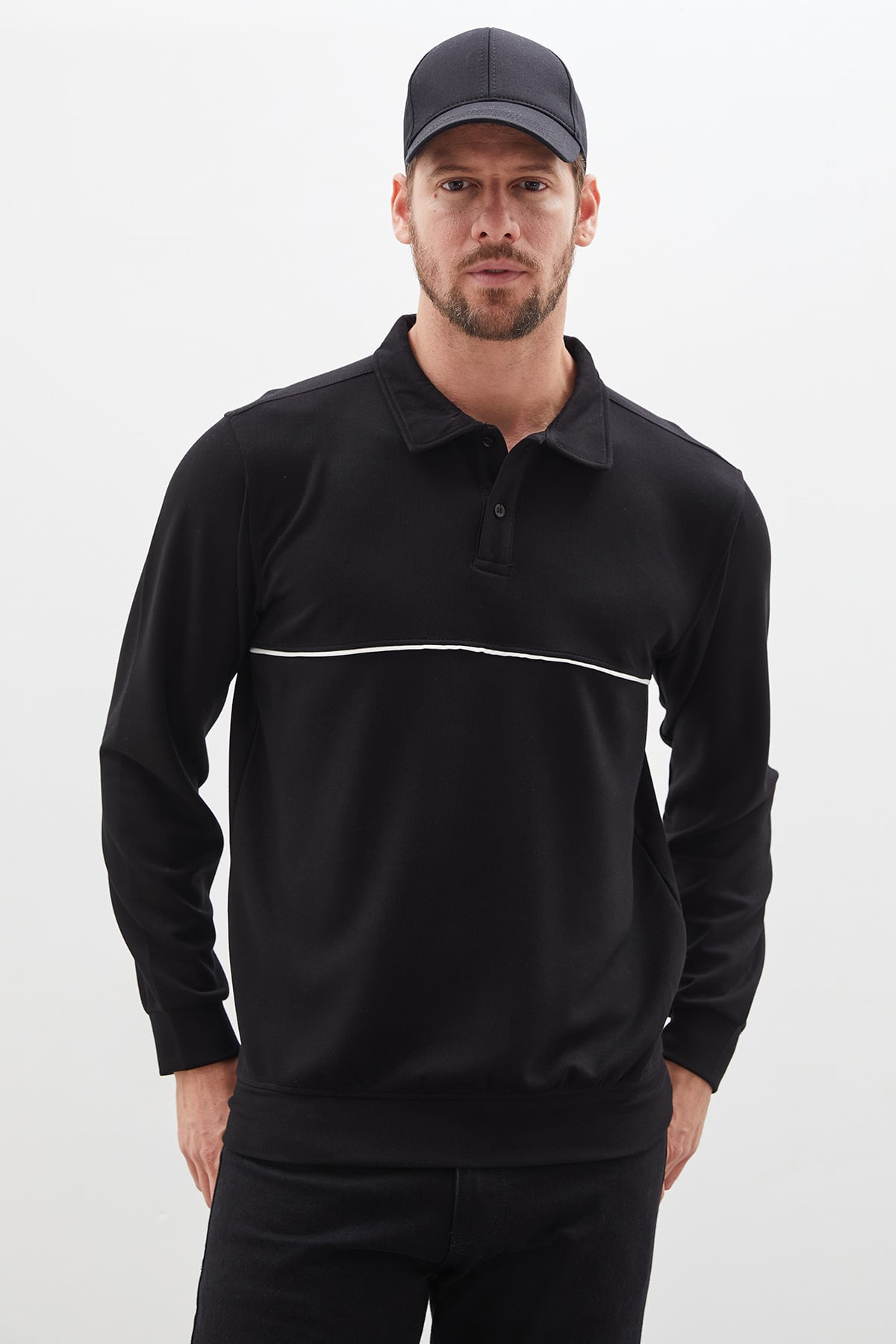 Çizgili Polo Yaka Yarım Düğmeli Sweatshirt 3